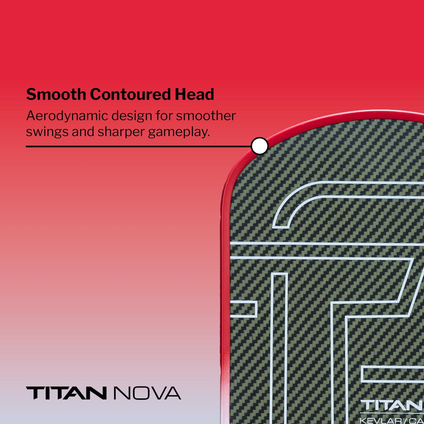 Close-up of the Titan Nova 14L paddle’s rounded carbon fiber edge, showing textured detail. A label reads “Smooth Contoured Head: Aerodynamic design for smoother swings and sharper gameplay.” Titan Pickleball branding visible; partial red border shown.