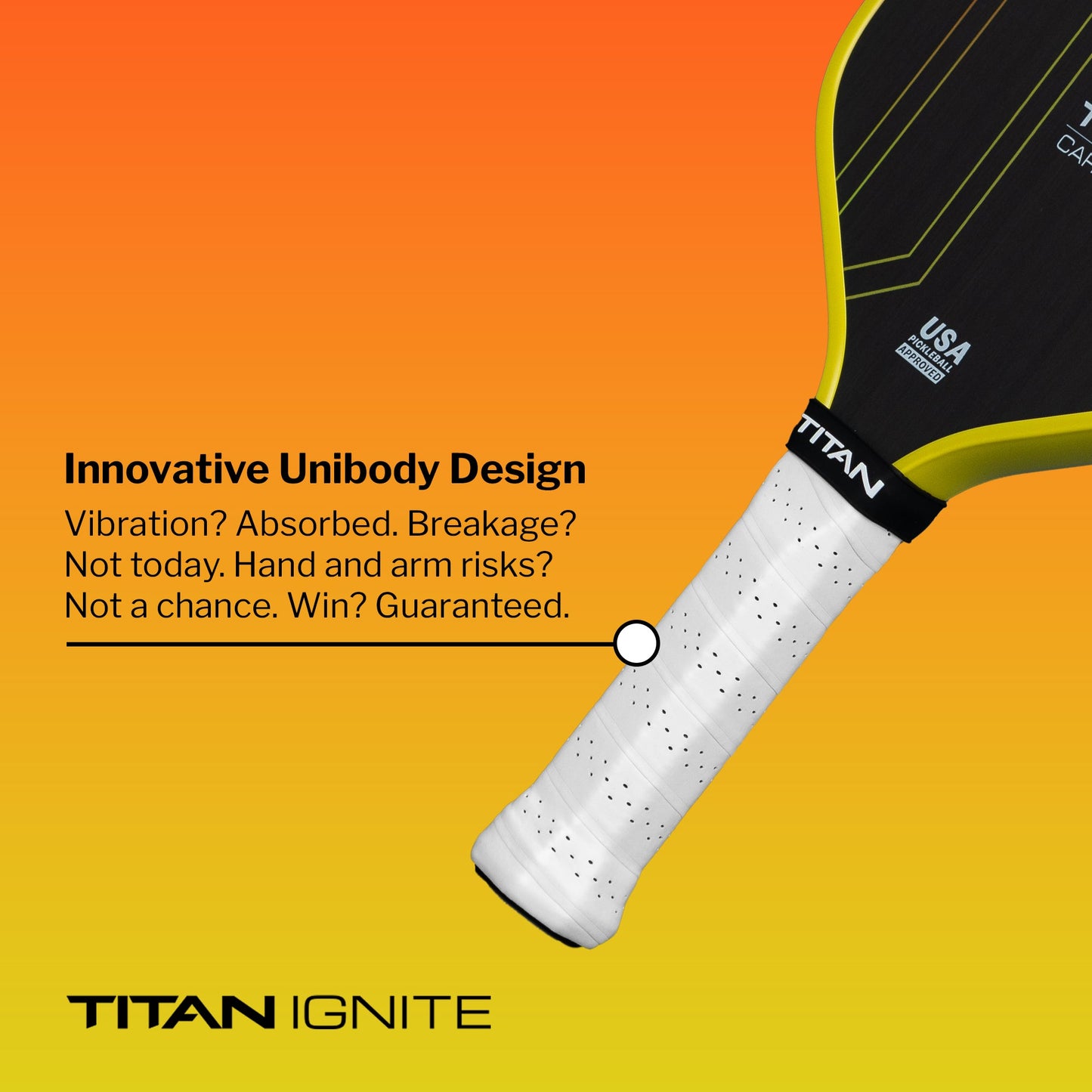 A close-up of the Titan Pickleball Titan Ignite 16L paddle handle with a black and yellow design on an orange background. Text highlights its unibody design, pro-level spin, reduced vibration, and enhanced durability. "Titan Ignite" appears at the bottom.