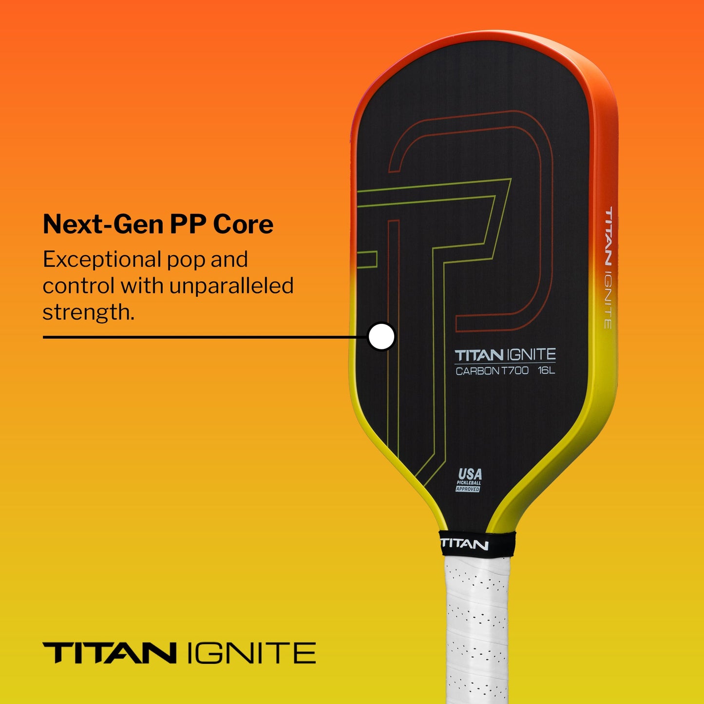 A black carbon fiber Titan Pickleball paddle, Titan Ignite 16L, with angular neon green and orange accents is pictured on an orange background. Text: “Next-Gen PP Core for pop, spin, and strength.” The handle features a white grip.