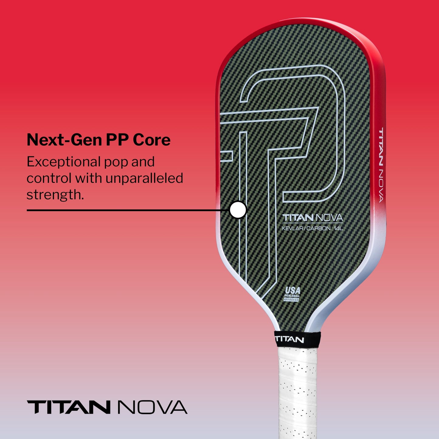 A close-up of the Titan Pickleball Titan Nova 14L carbon fiber paddle with a black and gray design, red edges, and bottom-left logo on a red gradient background. Text highlights its “Next-Gen PP Core” for pop, control, and strength.