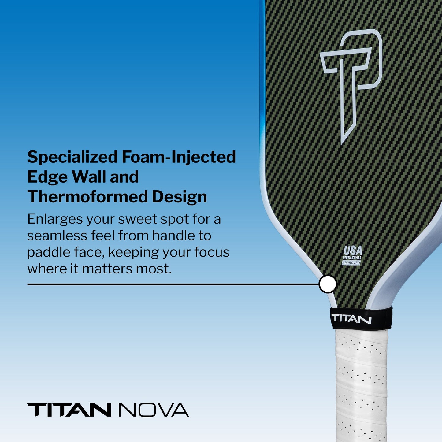 Close-up of the Titan Pickleball Titan Nova 16L paddle featuring a black carbon fiber face, white edge, and TP logo. Thermoformed design with foam-injected edge boosts pro performance. TITAN NOVA is at the bottom; handle has a white grip.