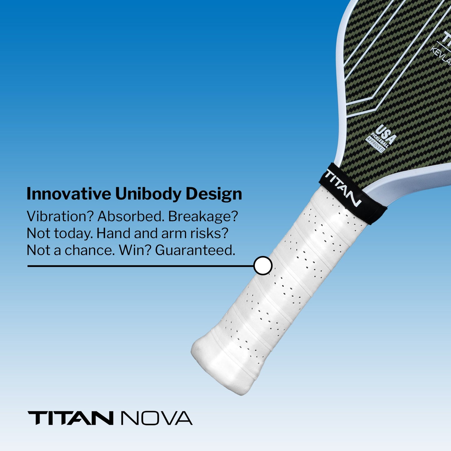 A close-up of the Titan Pickleball Titan Nova 16L, featuring a carbon fiber face, white grip, and textured finish. Unibody design ensures pro-level performance with less vibration, maximum durability, reduced strain. Blue gradient background.