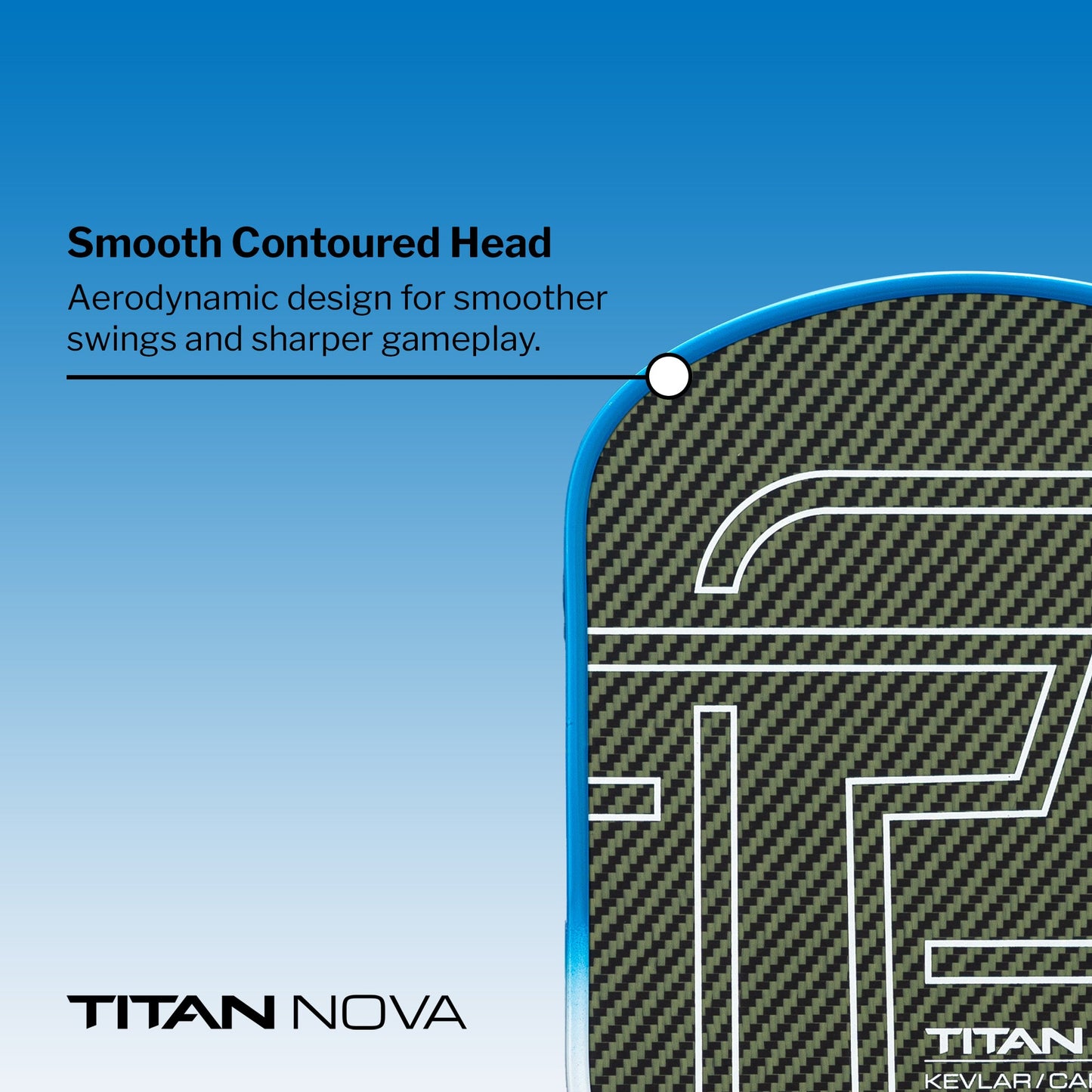 A close-up of the Titan Pickleball Titan Nova 16L carbon fiber paddle with rounded corners is shown. White text reads “Smooth Contoured Head: Aerodynamic design for smoother swings and sharper gameplay.” Branding: “TITAN NOVA” at the bottom left.