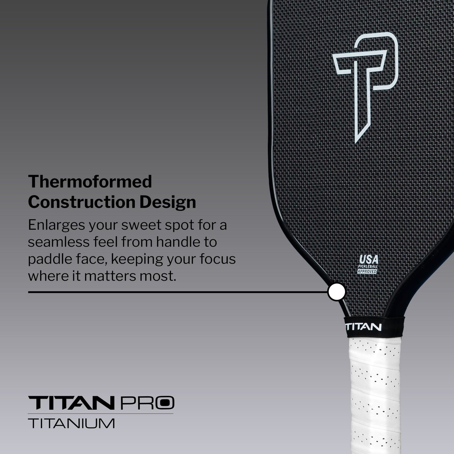 A close-up of the Titan Pickleball Titan Pro Titanium 14L paddle shows the paddle face, “TP” logo, and white grip. Text highlights its thermoformed construction and benefits. Branding appears at the bottom over a gray gradient background.
