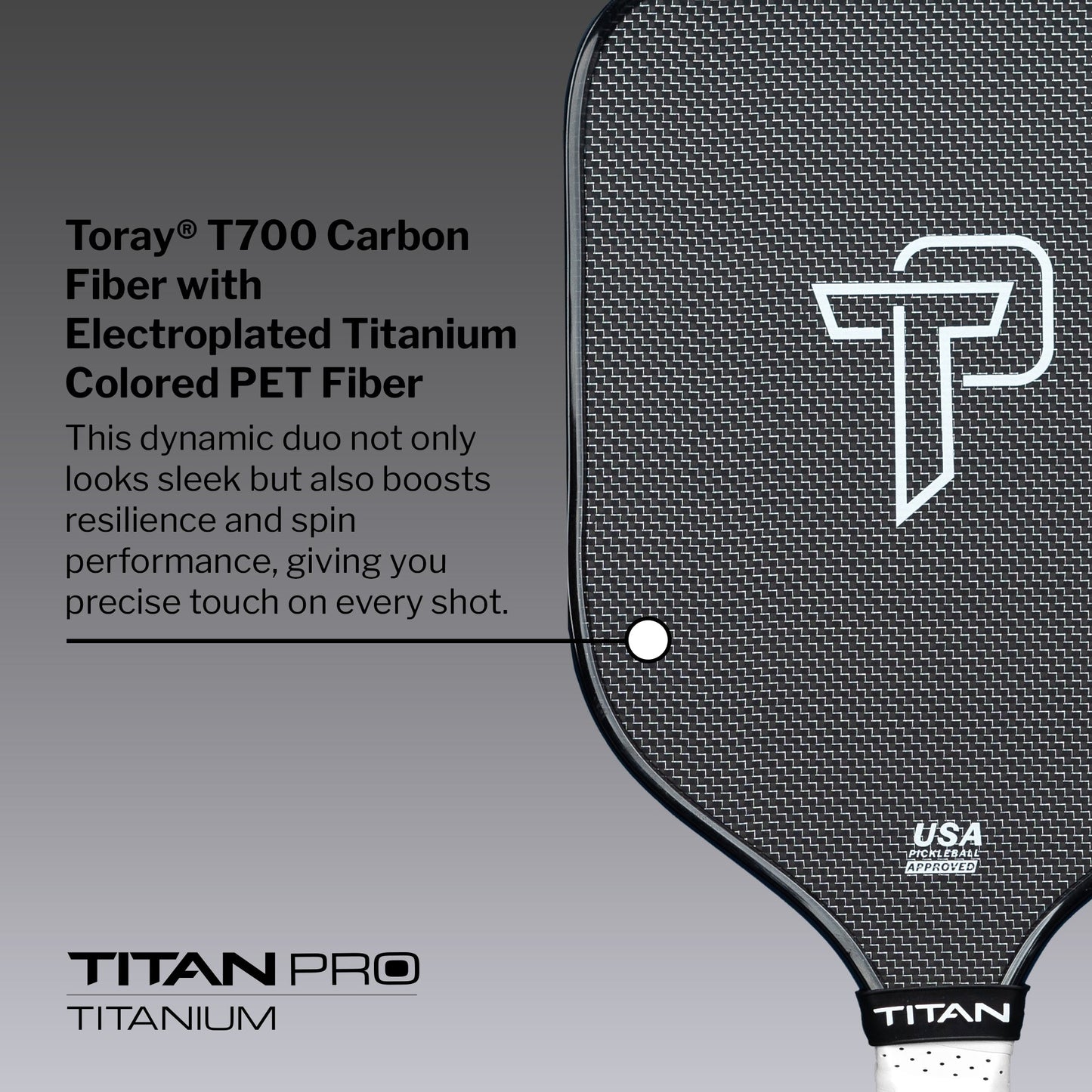 A close-up of the Titan Pickleball Titan Pro Titanium 14L paddle highlights its textured black surface, white TP logo, and Toray T700 carbon fiber with electroplated titanium PET fiber for optimal performance and control.