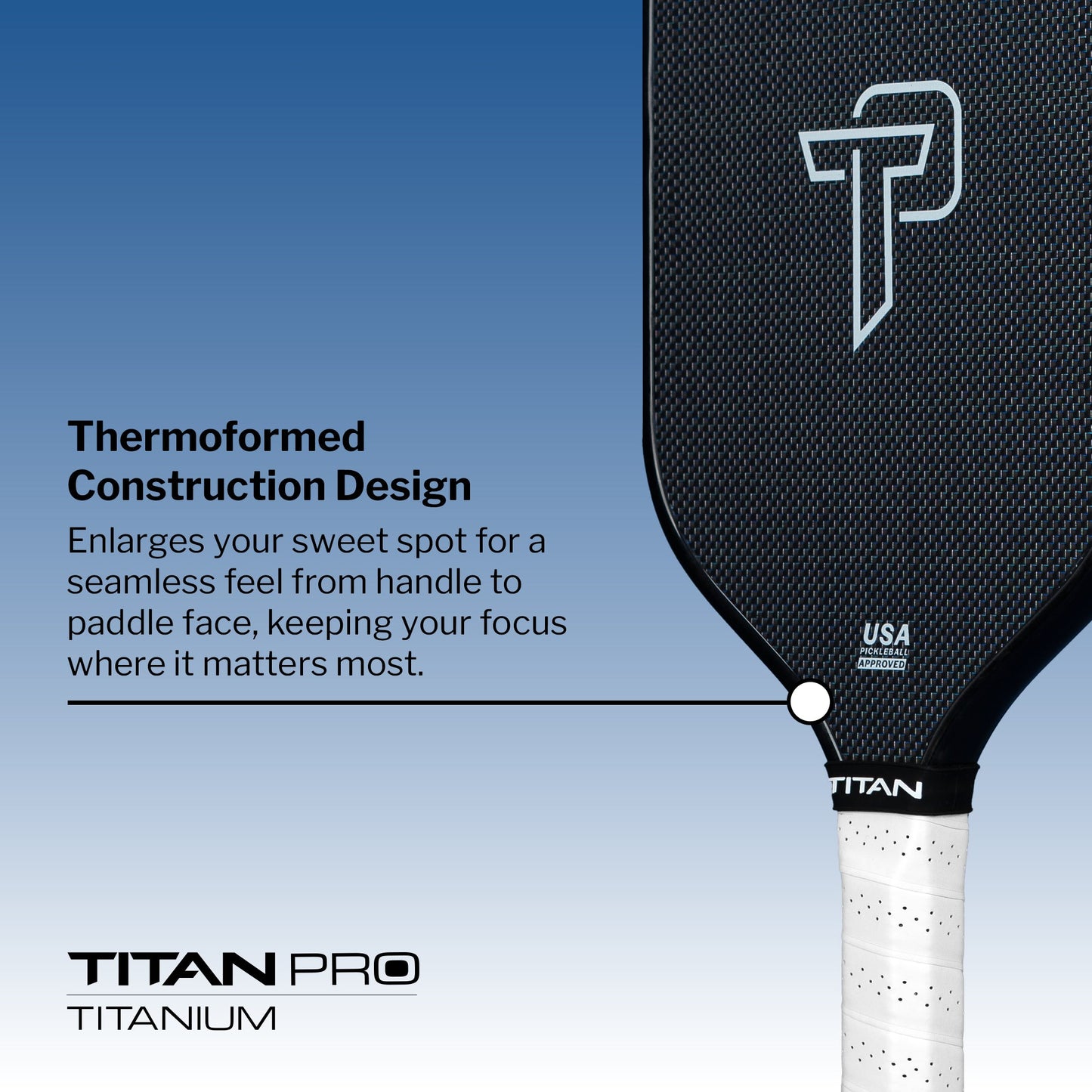 Close-up of the black Titan Pro Titanium 16L paddle by Titan Pickleball, featuring its logo. Thermoformed construction enlarges the sweet spot for top performance. The white grip stands out against a blue-to-white background.