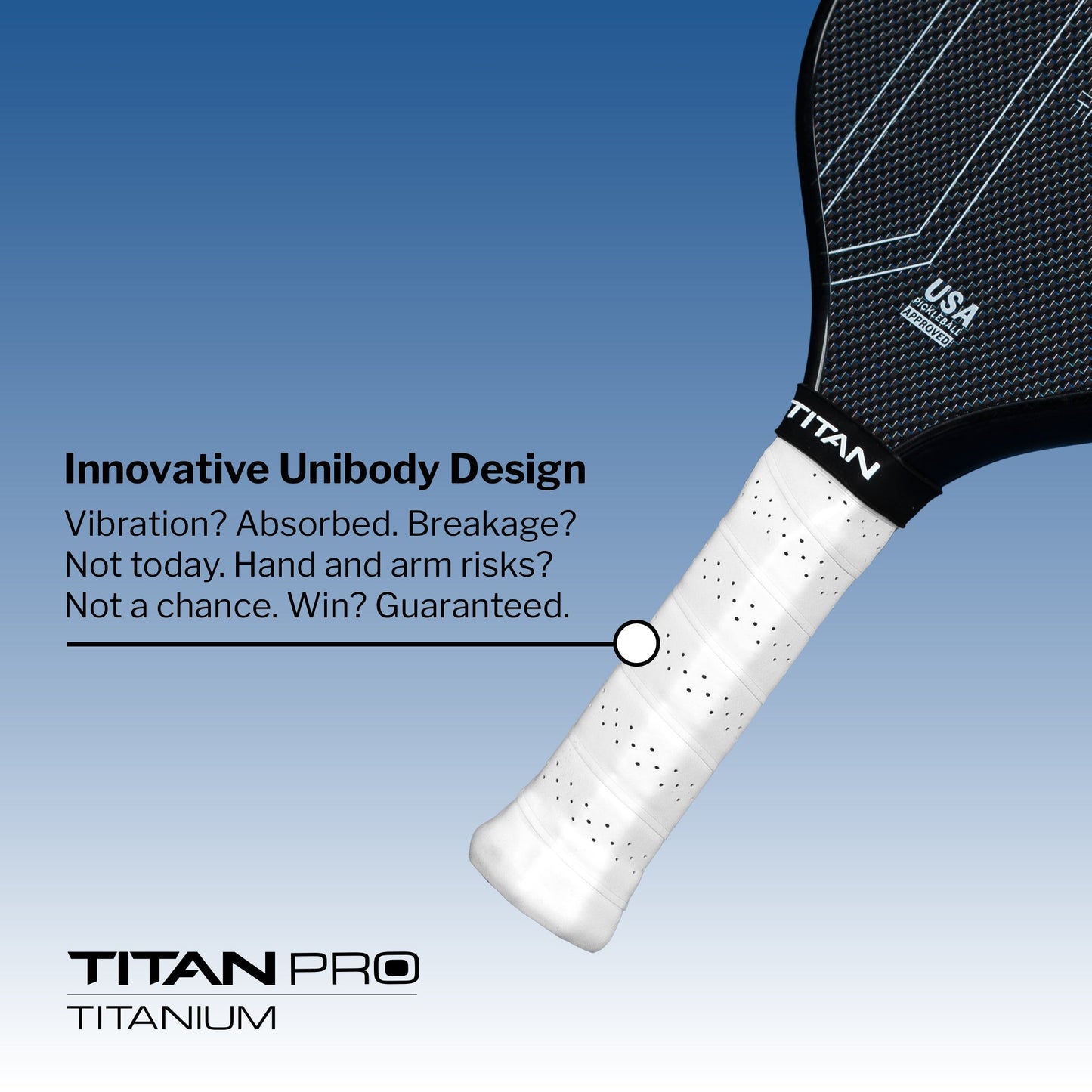 Close-up of the Titan Pro Titanium 16L by Titan Pickleball, showcasing its white perforated handle and black throat. Its innovative unibody design reduces vibration and boosts durability—ideal for anyone seeking top pickleball paddles.