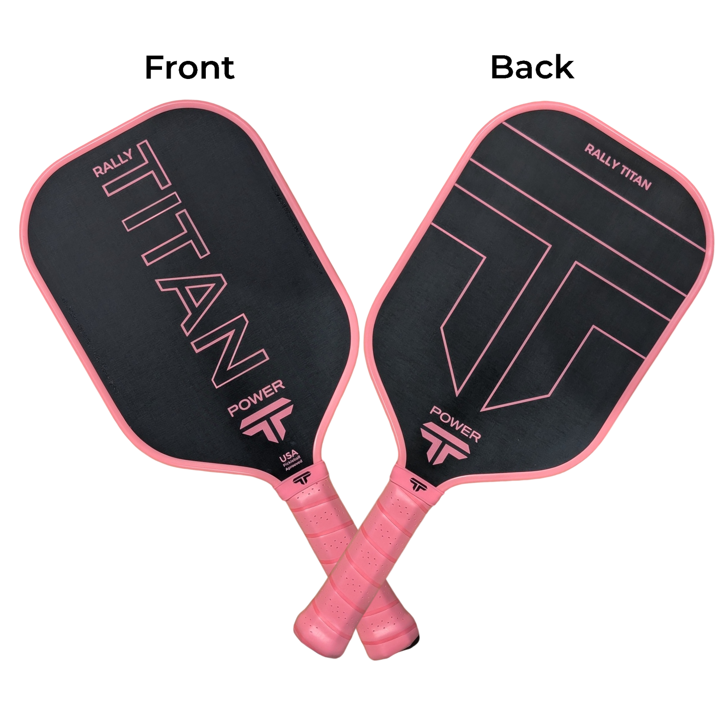 A close-up of the Rally Titan Pickleball Titan Power 14MM paddle, showcasing its T700 Titan Carbon Friction Surface for enhanced durability and performance.