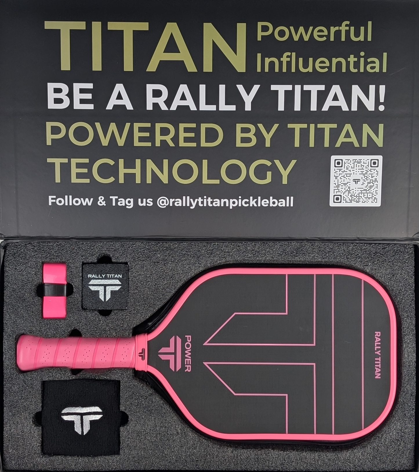 The Titan Power 14MM by Rally Titan Pickleball, featuring a T700 Titan Carbon Friction Surface and thermoformed unibody construction, rests securely in its box.