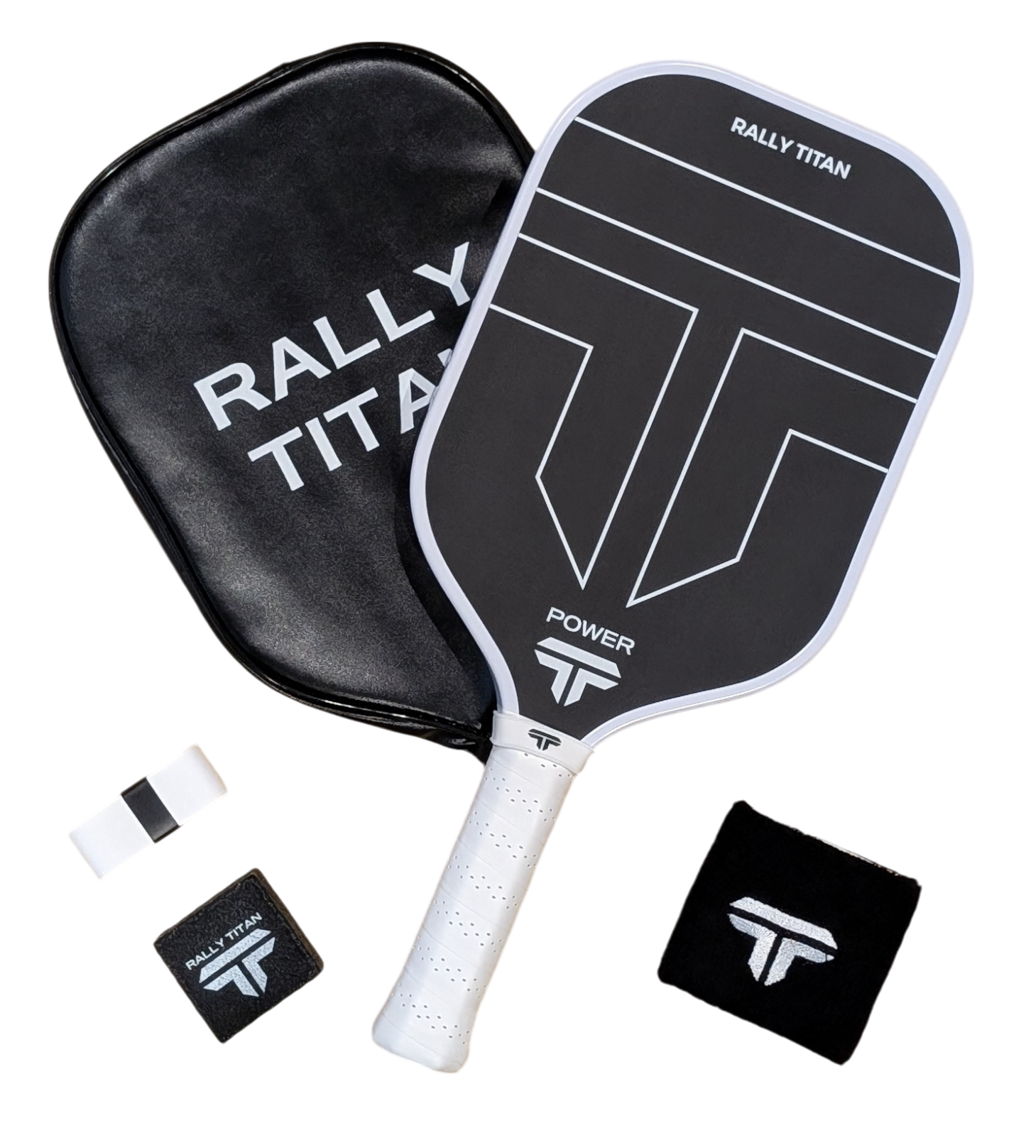 A Rally Titan Pickleball Titan Power 14MM paddle with T700 carbon friction surface in white is shown with its matching black case, plus a white overgrip, black wristband, and towel, all featuring the Rally Titan logo.