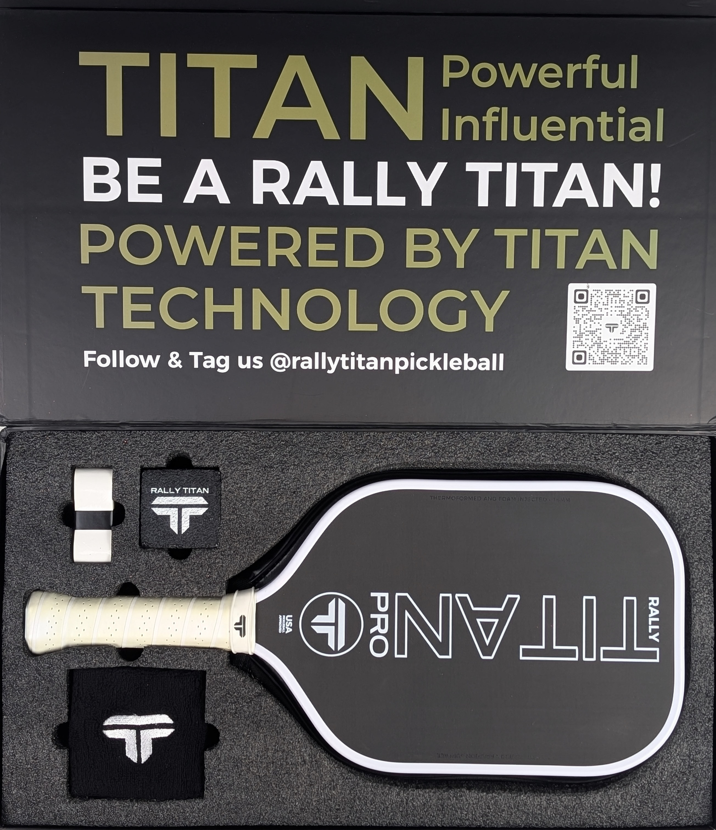 The Rally Titan Pickleball set features a white Titan Pro 16MM carbon paddle (thermoformed unibody, T700 surface), two Titan sweatbands, grip and wristband in a custom foam case. Box reads: TITAN Powerful Influential—BE A RALLY TITAN! with QR code.