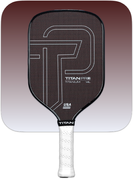 A black carbon fiber Titan Pickleball paddle, model Titan Pro Titanium 14L, with a white “TP” logo, a white handle with black trim, set against a maroon-to-light-gray gradient background.