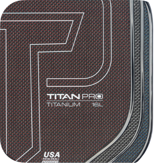 Close-up of the Titan Pickleball Titan Pro Titanium 16L paddle face featuring a black, gray, and red woven pattern with bold white lines. Text reads “TITAN PRO TITANIUM 16L” and “USA PICKLEBALL APPROVED.” Buy for top performance.