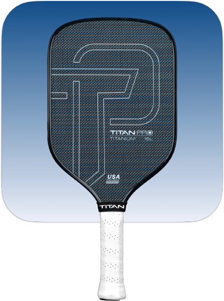 The Titan Pickleball Titan Pro Titanium 16L paddle features a black textured face with a white TP outline, TITAN PRO TITANIUM text, white grip tape on the handle, and a gradient blue-to-white background with rounded corners.