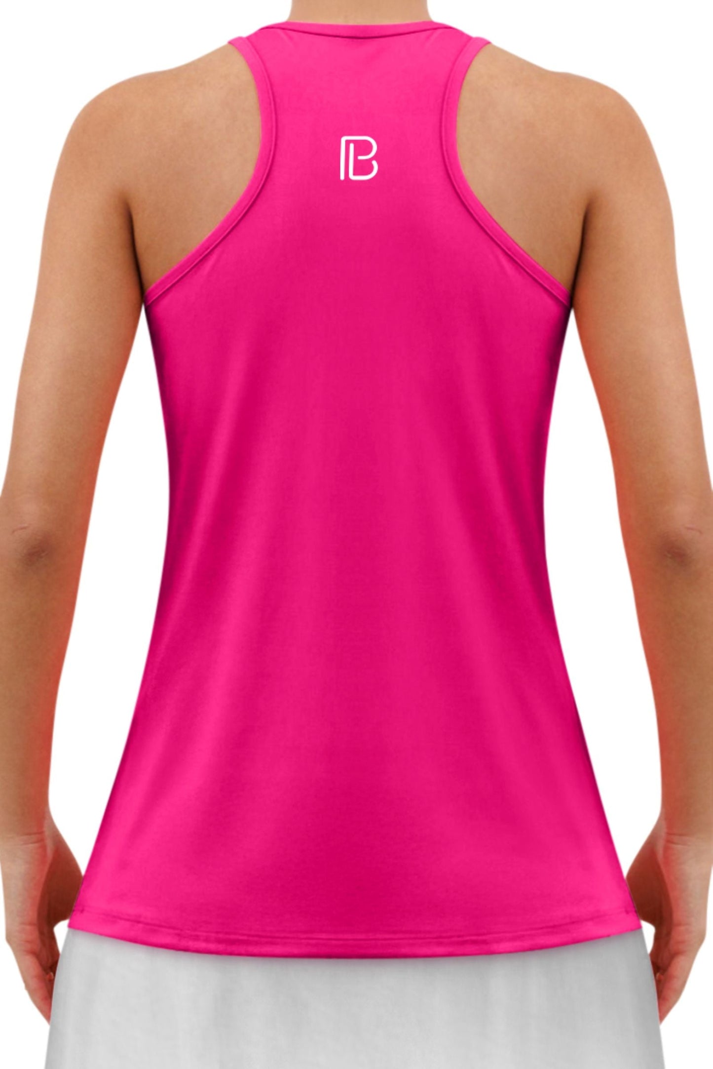 A person models the Pickleball Bella PB Racerback Tank in Diva Pink, featuring a small white "B" logo near the upper back. The 4-way stretch fabric provides a smooth fit, shown from behind and styled with a white skirt.