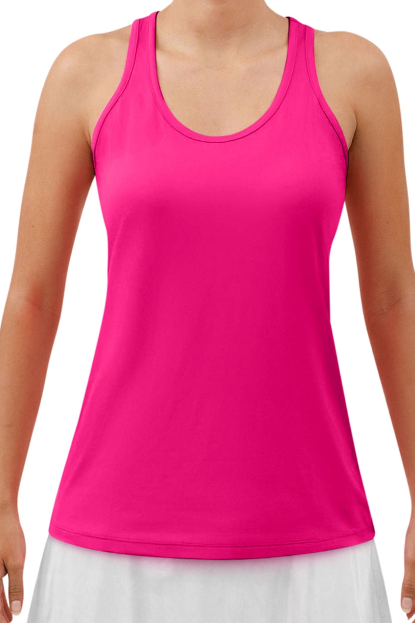 A person wears the Pickleball Bella PB Racerback Tank in Diva Pink, featuring 4-way stretch fabric. The sleeveless athletic top is paired with a white bottom; only the upper torso and arms are visible against a plain background.