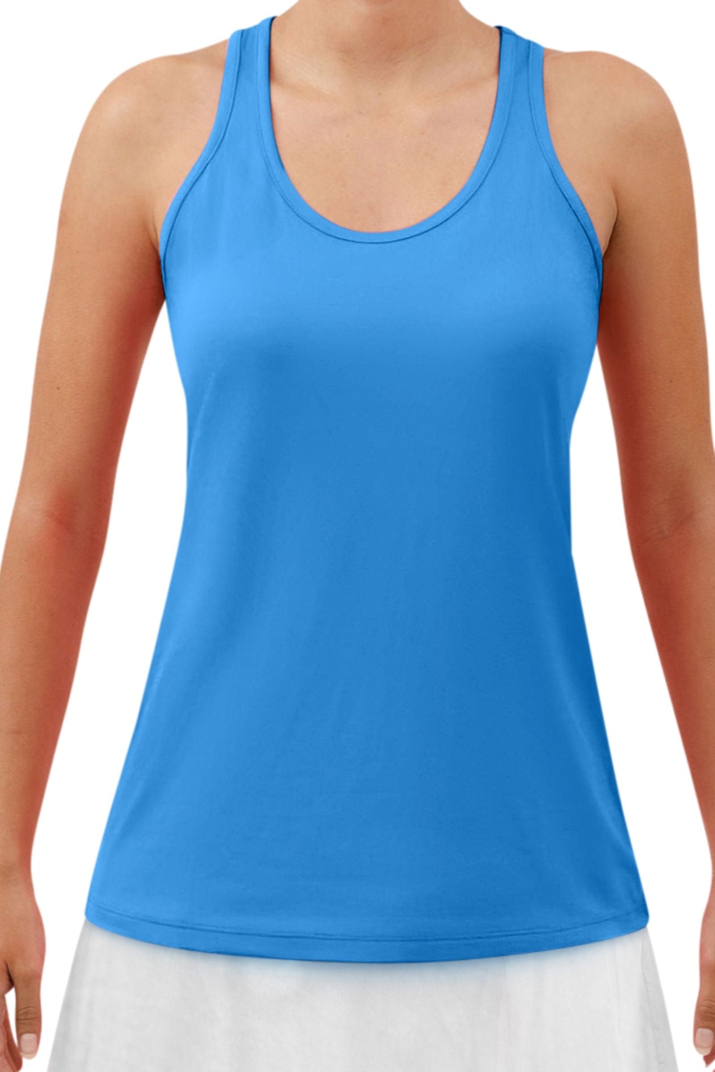 A person wears the Pickleball Bella PB Racerback Tank in Electric Blue, a sleeveless, scoop-neck top with SPF 50+ UV protection and a fitted design, paired with a white skirt. The image highlights the upper outfit, cropped at shoulders and thighs.