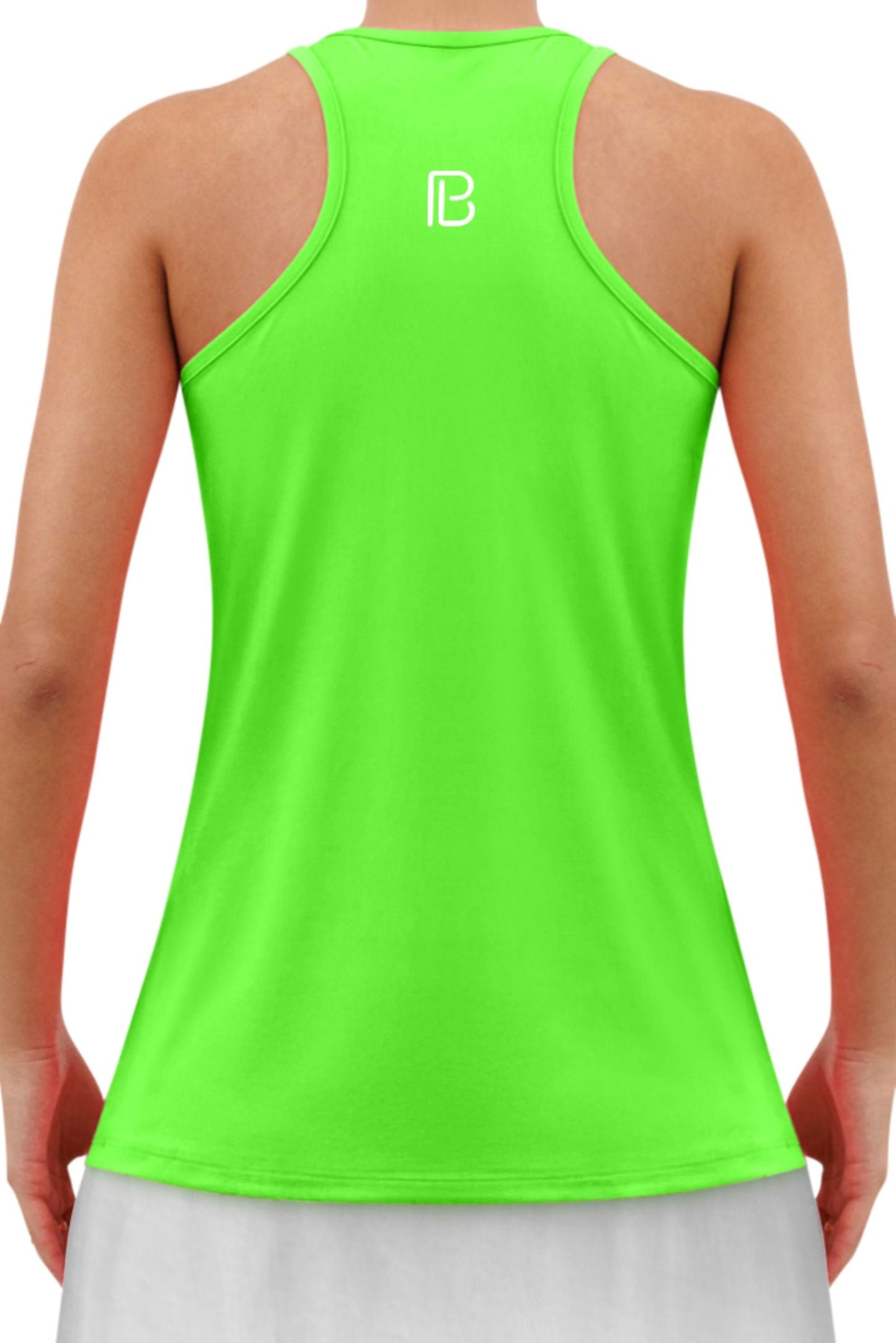 A person seen from behind wears the Pickleball Bella PB Racerback Tank in Gecko Green, featuring SPF 50+ UV protection and a white stylized B logo below the neckline, paired with a white skirt and arms relaxed at their sides.