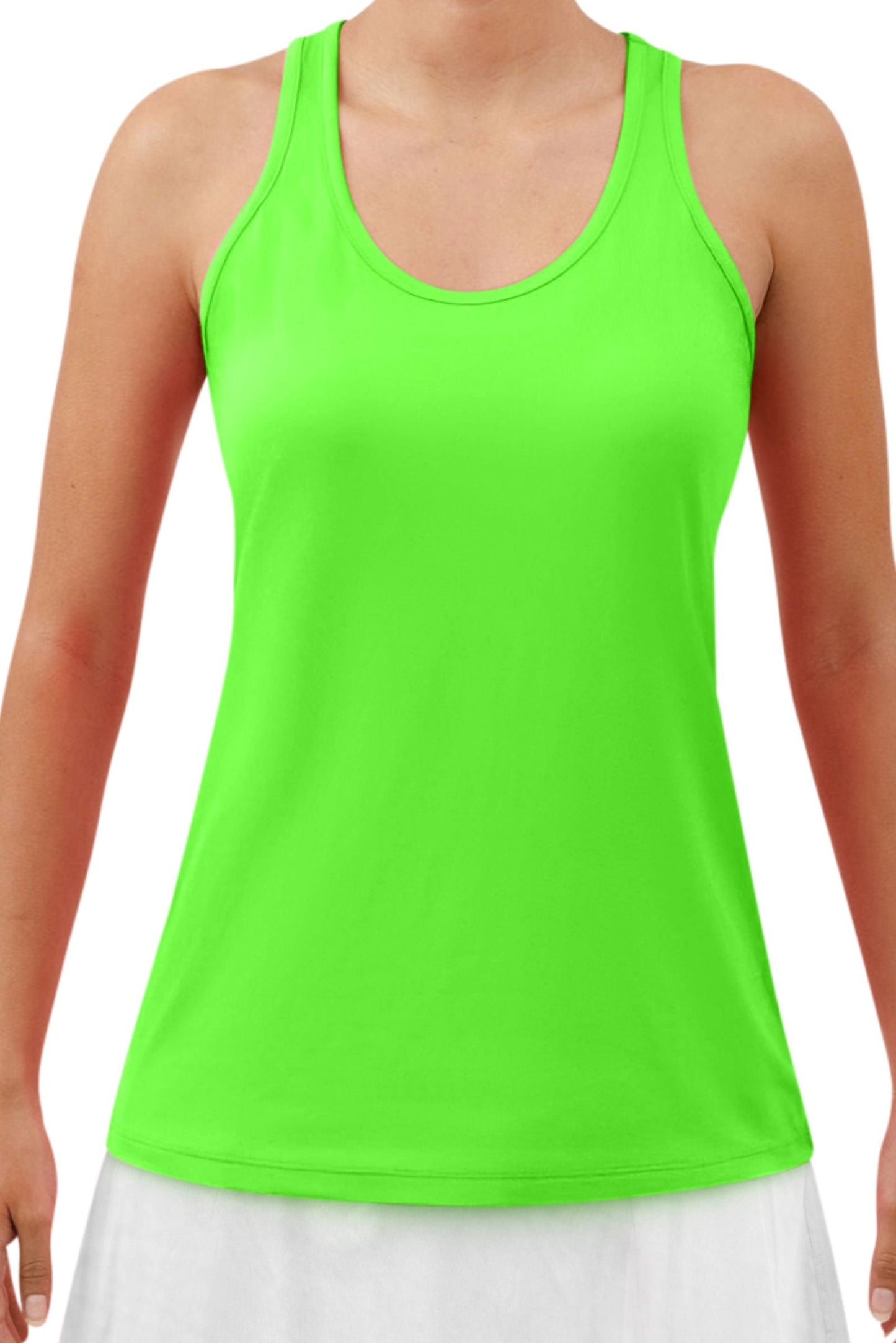 Someone wears the Pickleball Bella PB Racerback Tank in Gecko Green, a neon green sleeveless top with SPF 50+ UV protection, racerback style, and round neckline, paired with white bottoms against a plain background.