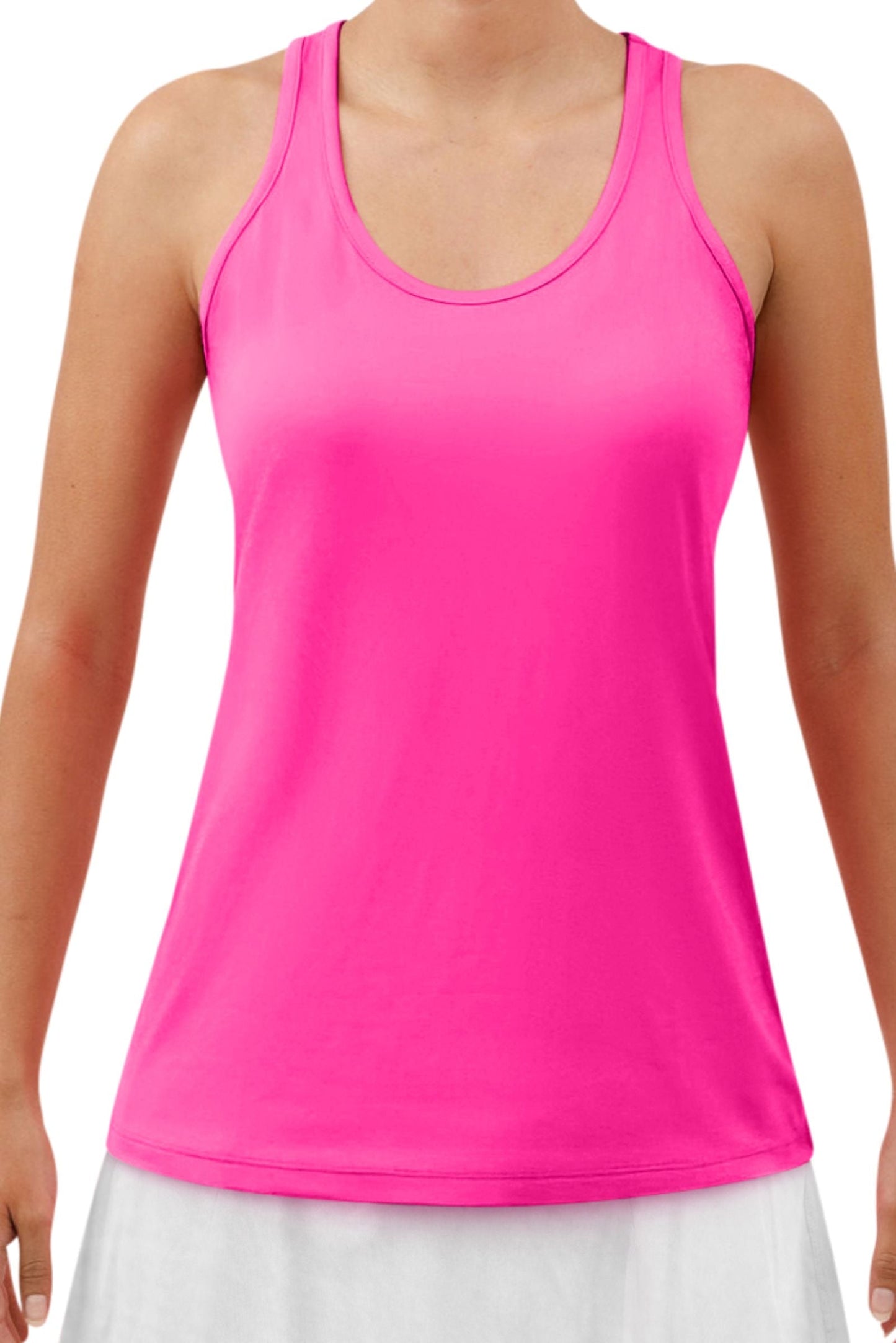 A person wears the Pickleball Bella PB Racerback Tank in hot pink, featuring lightweight moisture-wicking fabric. The image, cropped at the shoulders and above the knees, highlights the upper body against a plain white background.