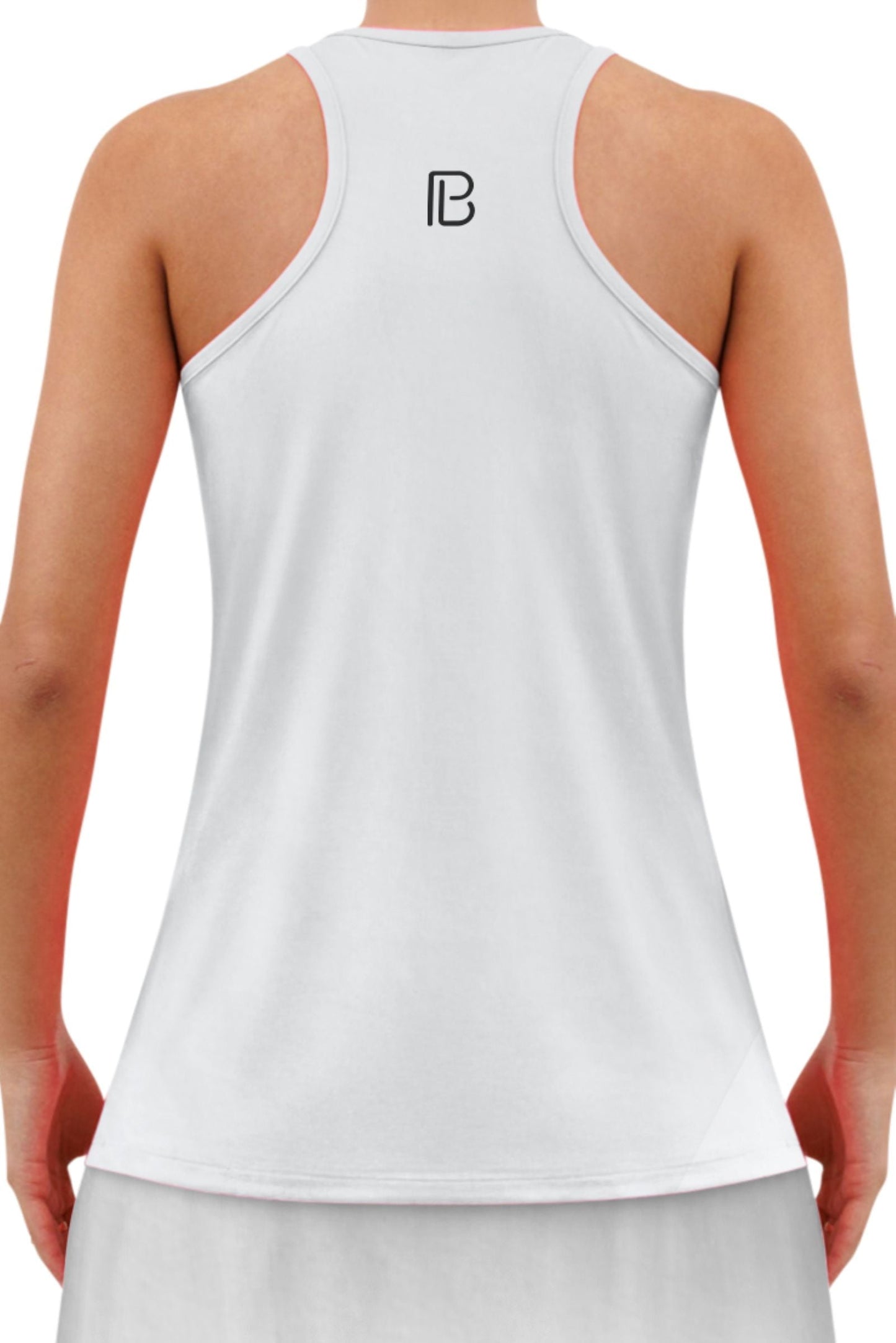 A person is shown from the back wearing the Pickleball Bella PB Racerback Tank in white, featuring a black stylized B logo centered between the shoulder blades. The sleeveless tank is made with 4-way stretch fabric; arms are relaxed by their sides.