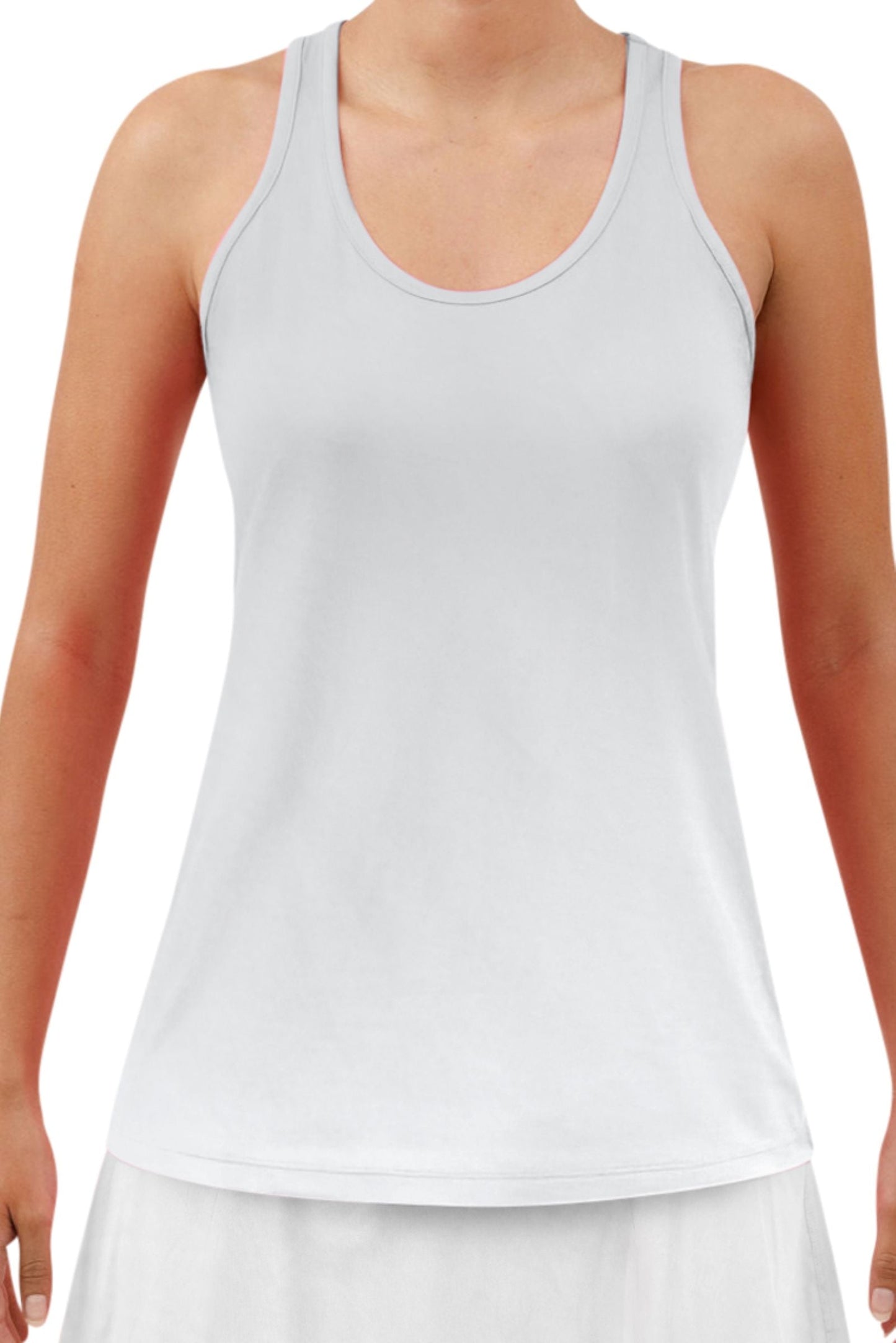 A woman models the PB Racerback Tank White by Pickleball Bella, featuring 4-way stretch fabric and a scoop neckline. The sleeveless design and wide straps are shown against a white background; her face is not visible.