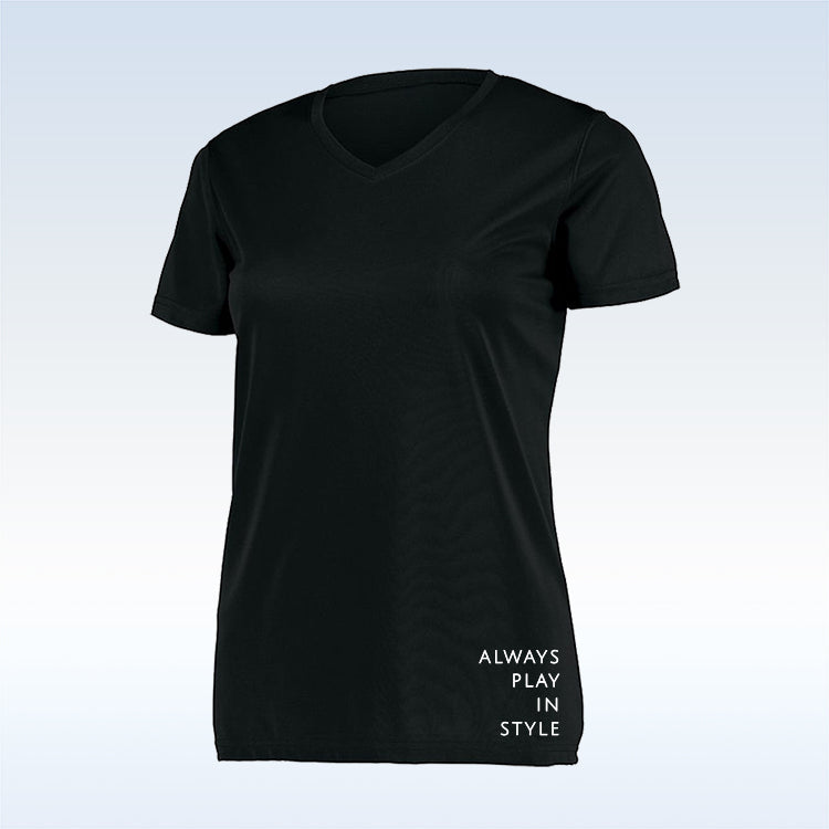 The Pickleball Bella PB Short Sleeve V-neck Tee Black is shown on a light gradient background, with “ALWAYS PLAY IN STYLE” in small white caps near the bottom right hem.