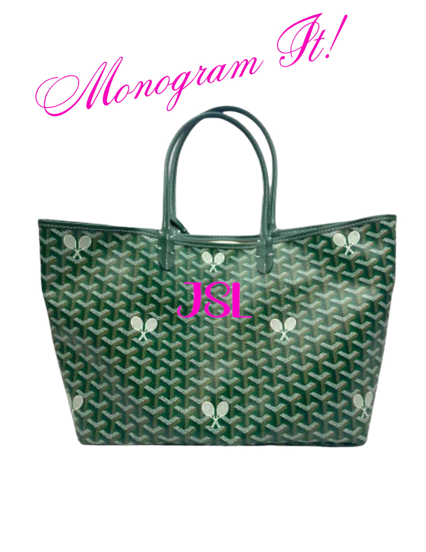 The Whimsy Tennis Lovers Large Tote - Green by Runway Athletics is a lightweight tennis bag in recycled hemp canvas, featuring a geometric pattern, tennis racket motifs, and JSL pink monogram with "Monogram It!" above in bold pink cursive.