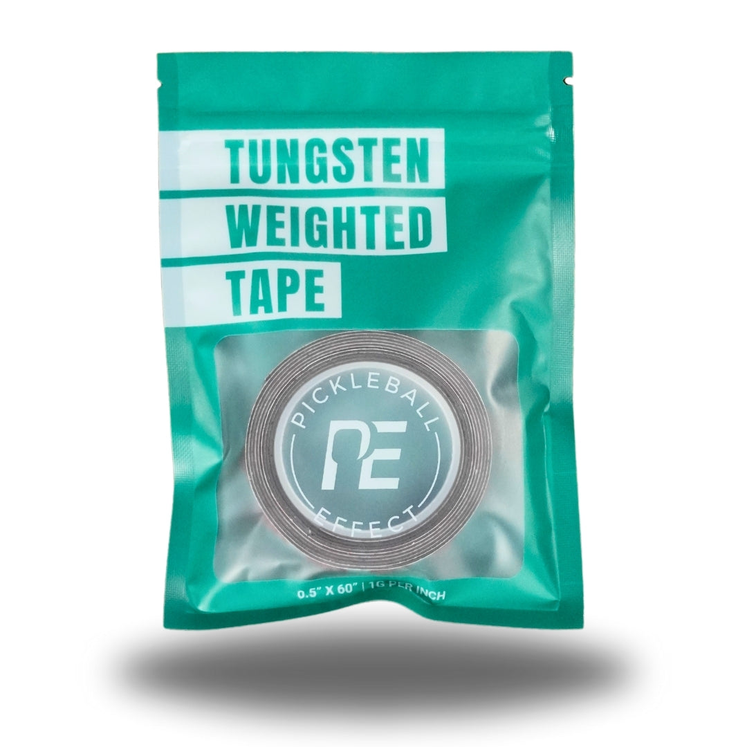 A teal resealable pouch from Pickleball Effect Shop labeled "Tungsten Weighted Tape" shows a silver roll of tape inside a clear window—an ideal lead tape alternative for customizing your pickleball paddle weight.