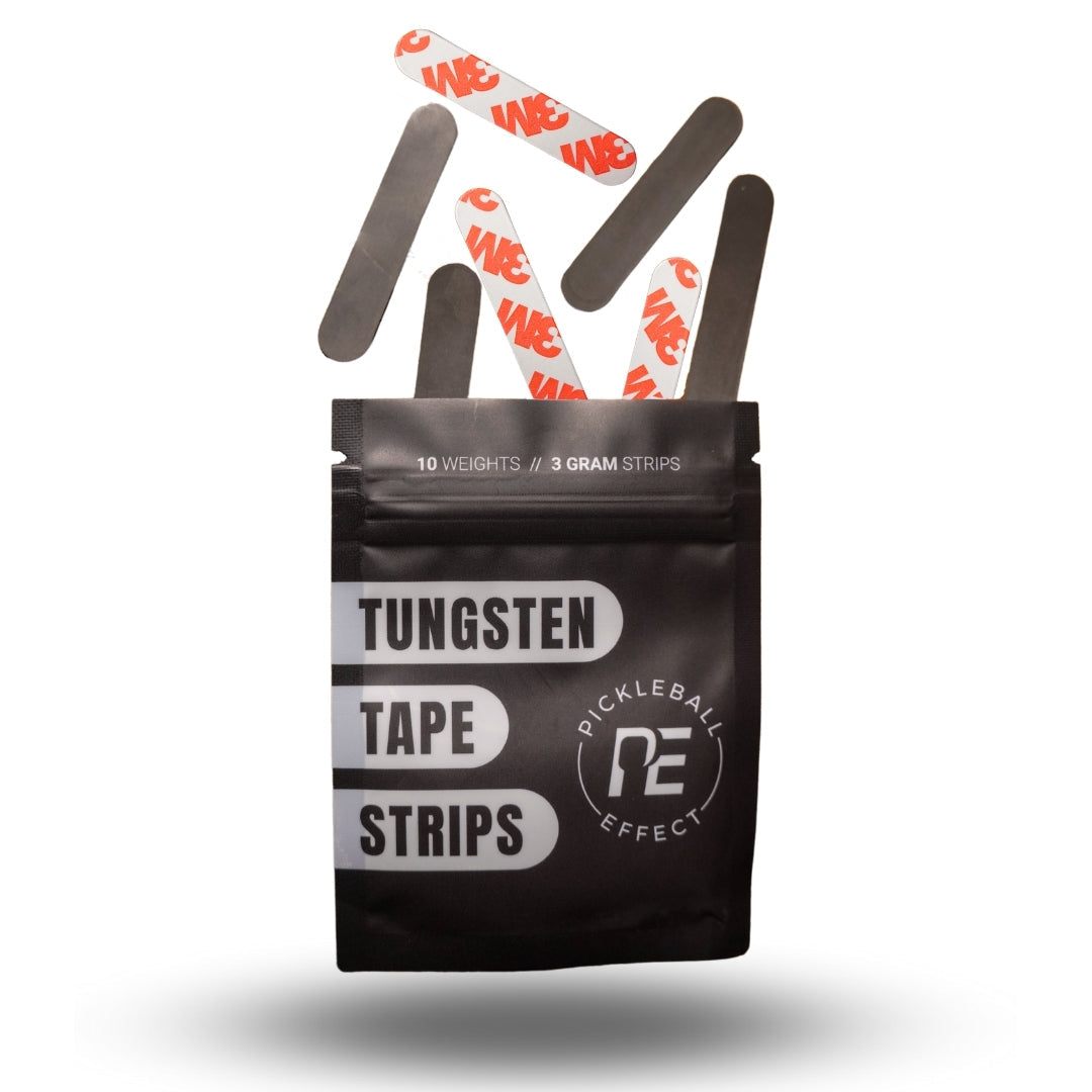 A black resealable pouch labeled “Tungsten Tape Strips” from Pickleball Effect Shop contains several rectangular 3g tungsten strips (10 per pack)—an ideal lead tape alternative for customizing pickleball paddles.