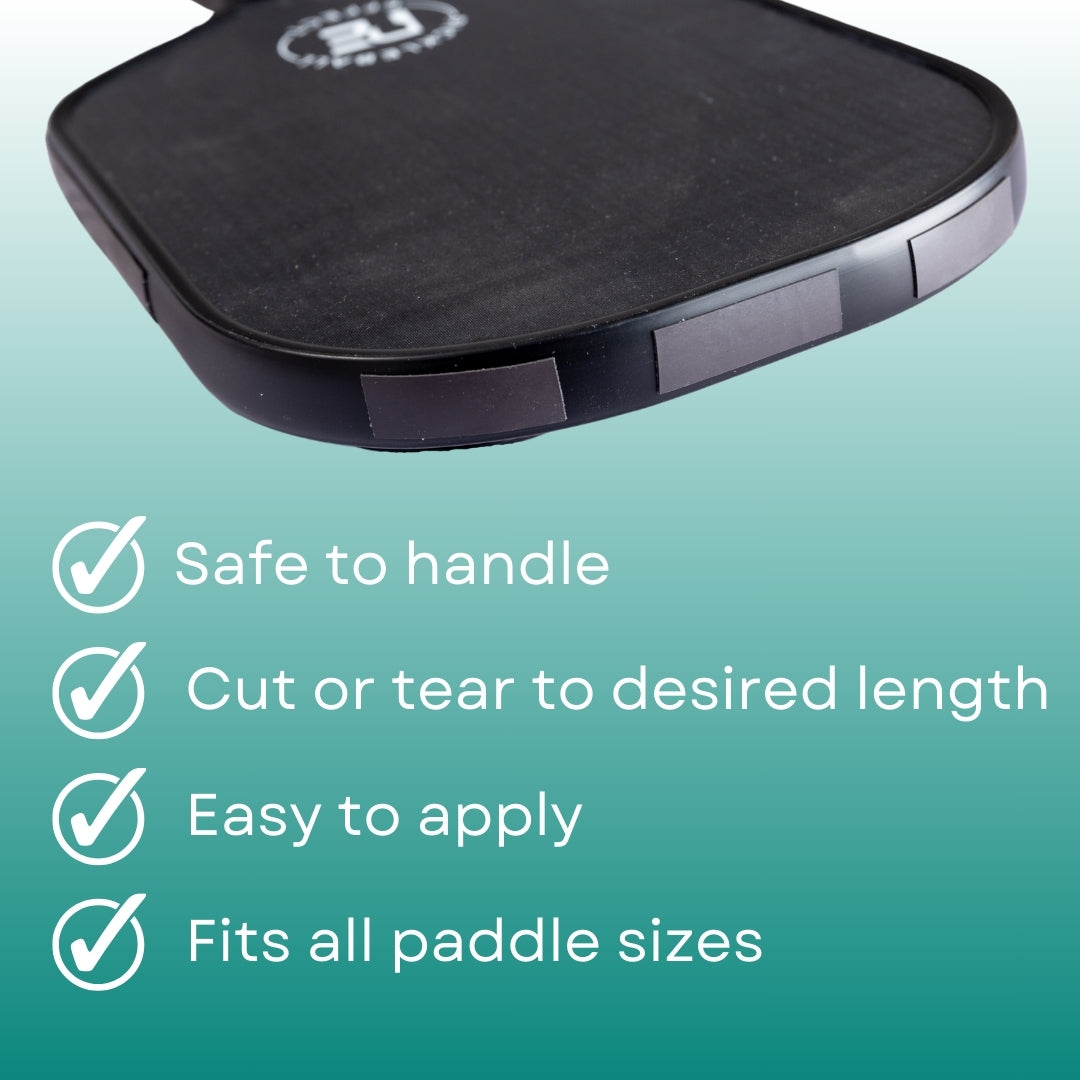 A close-up of Pickleball Effect Shop’s Tungsten Weighted Tape, featuring four check-marked benefits—safe handling, customizable length, easy application, and universal fit—on a teal gradient. An ideal lead tape alternative for managing paddle weight.