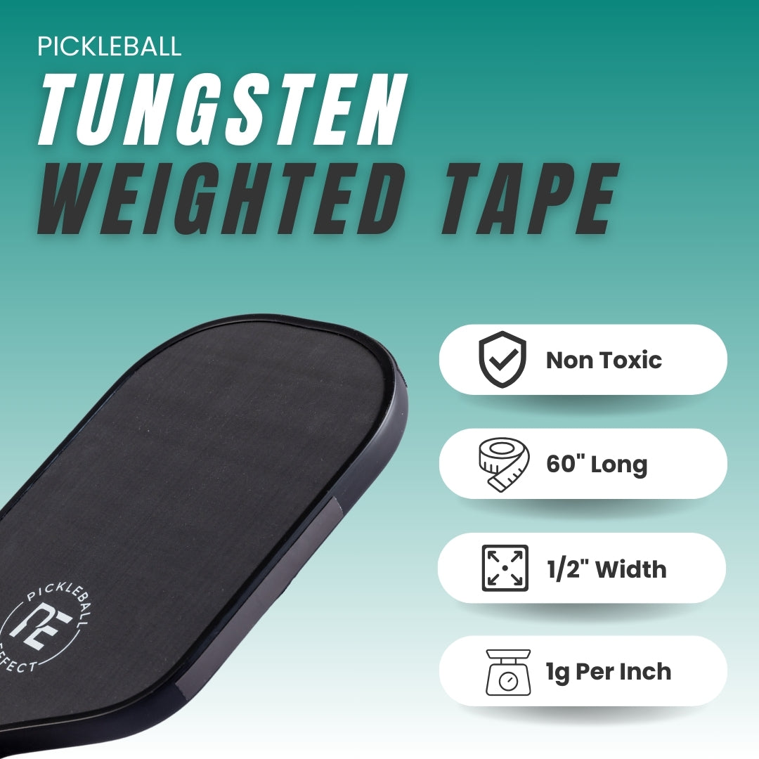 Image showcases a Pickleball paddle with text promoting "Tungsten Weighted Tape" by Pickleball Effect Shop. Three icons note: Non-Toxic, 60" Long x 1/2" Wide, 1g/inch. Teal gradient background; paddle angled left.