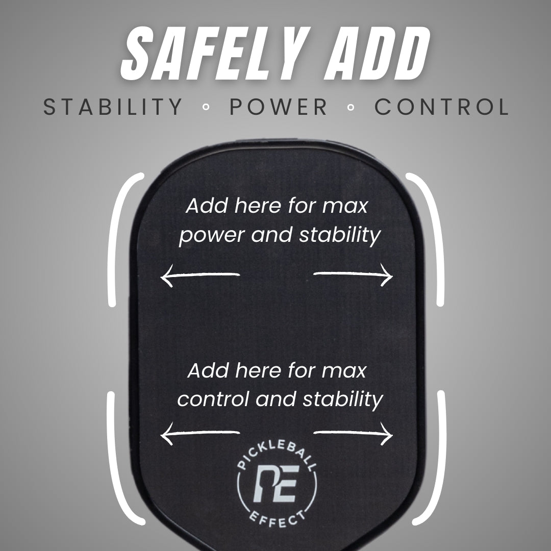 Pickleball Effect Shop’s Tungsten Tape Strips come with a paddle diagram: top sides are labeled “Add here for max power and stability” as a lead tape alternative, and curved lines guide ideal placement for paddle customization.