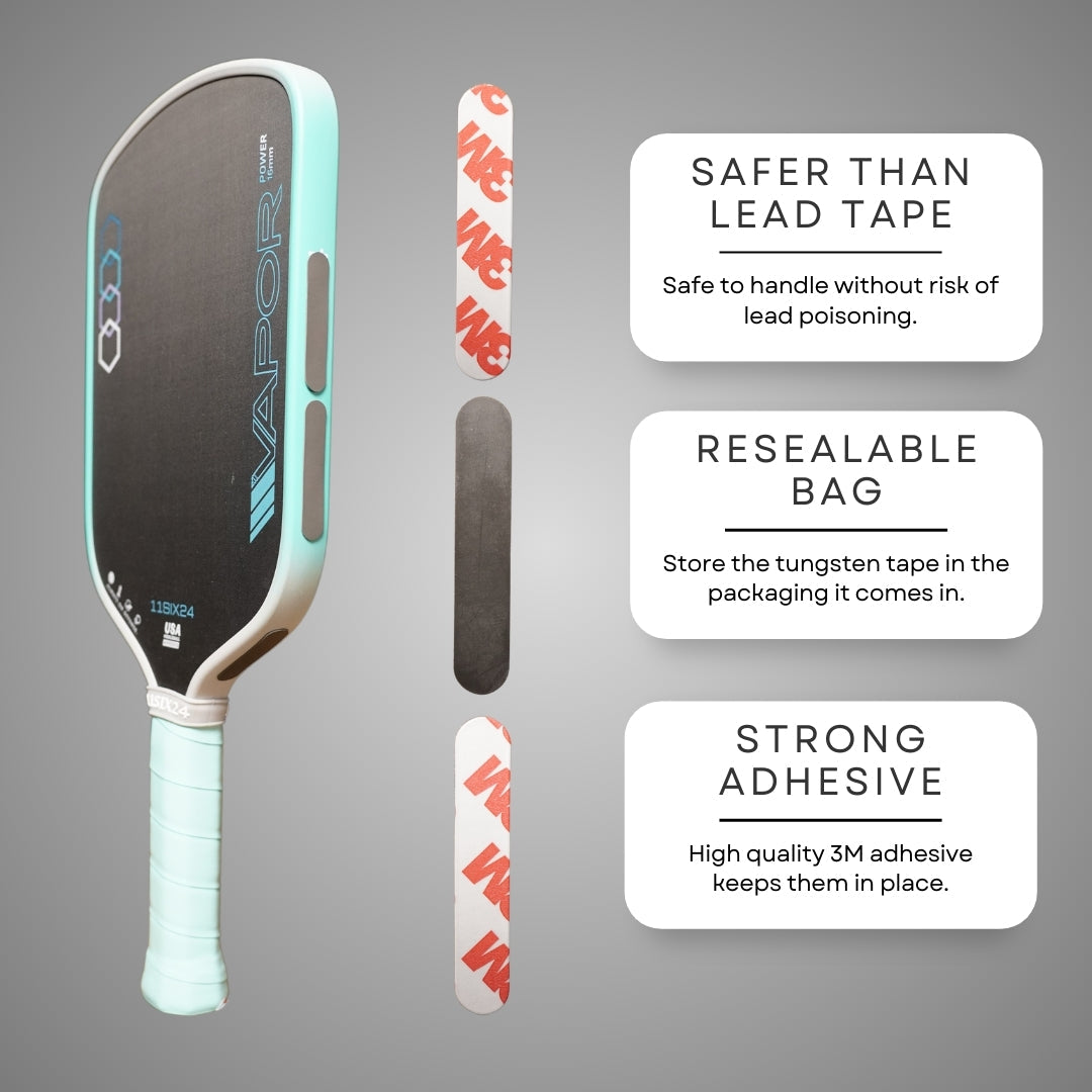 Pickleball Effect Shop’s Tungsten Tape Strips are shown beside a black and teal paddle. Features highlighted: safer than lead tape, strong 3M adhesive, comes in a resealable storage bag. Background is a subtle gray gradient.