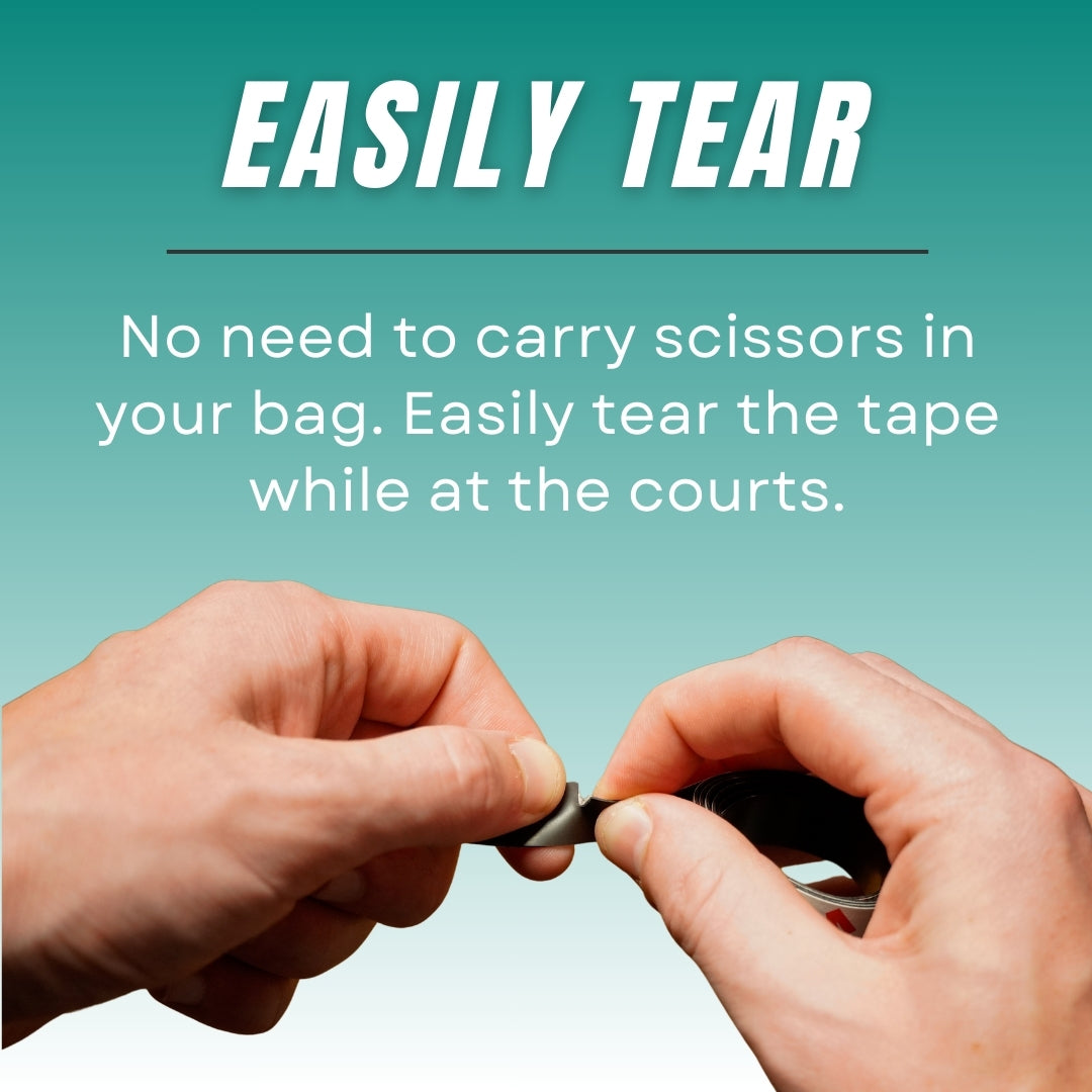 Two hands tear Pickleball Effect Shop's Tungsten Weighted Tape against a teal gradient. Bold text above reads EASILY TEAR, underlined; smaller text below says No need for scissors—tear this lead tape alternative easily on the courts.