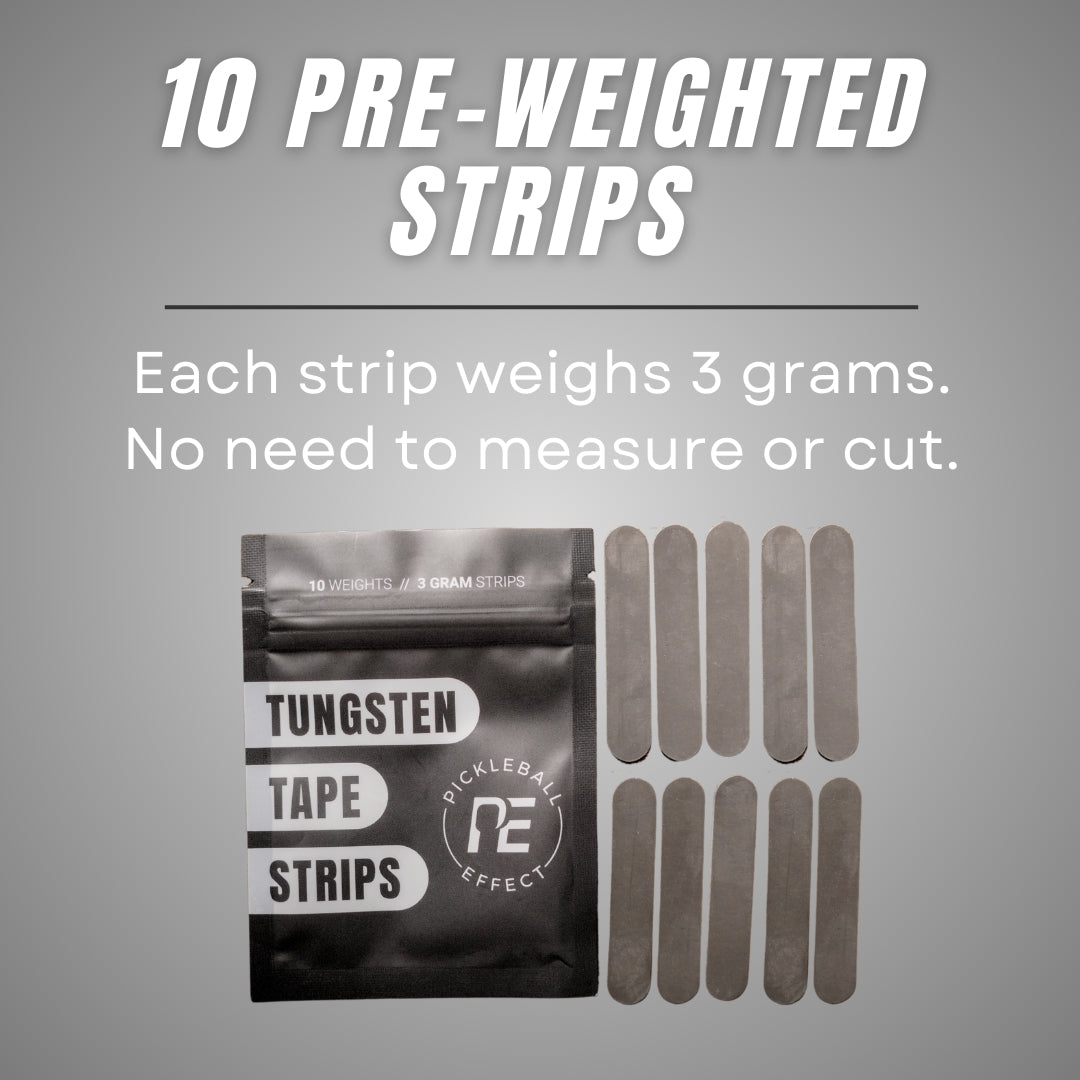 A gray Pickleball Effect Shop pouch labeled "Tungsten Tape Strips" sits left, with ten dark tungsten strips—perfect lead tape alternatives for customizing pickleball paddles—arranged to its right on a light gray background.