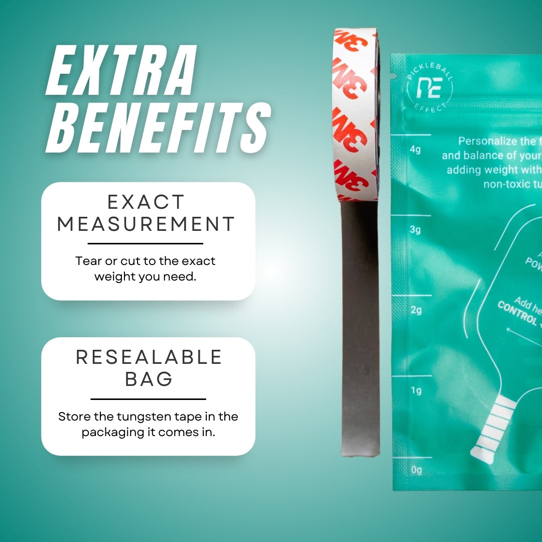 A teal background displays Pickleball Effect Shop's Tungsten Weighted Tape—a lead tape alternative for pickleball paddles—plus a resealable bag with measurement markings. White text highlights “Extra Benefits,” “Exact Measurement,” and “Resealable Bag.”.