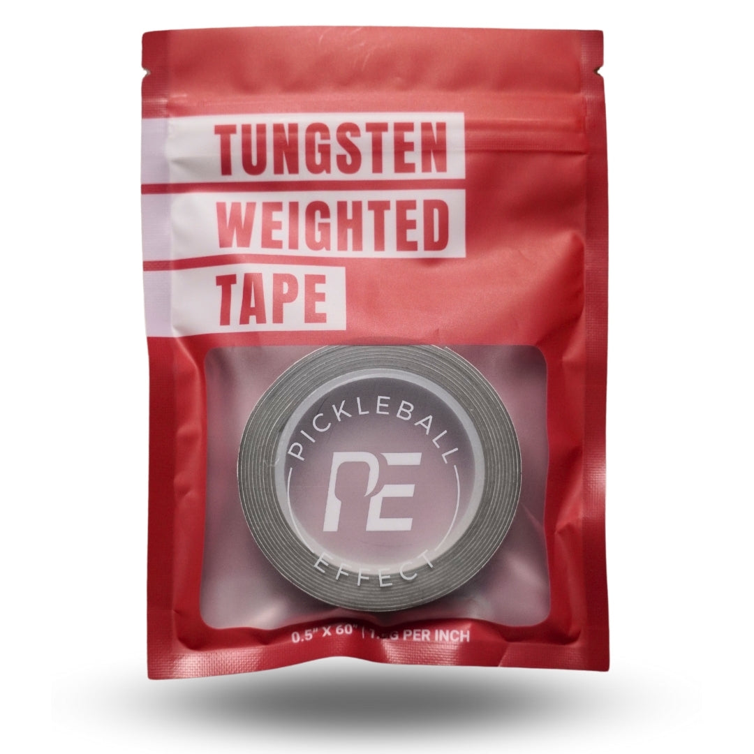 A red resealable bag from Pickleball Effect Shop labeled "Tungsten Weighted Tape" in bold white and red text features a clear window displaying a metallic roll, an ideal lead tape alternative for pickleball paddles, measuring 0.5"x60".