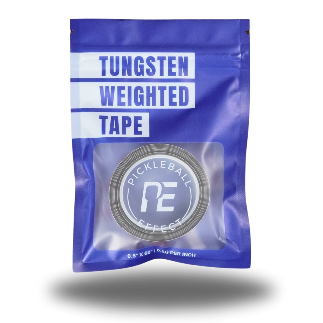A blue resealable package labeled "Tungsten Weighted Tape" from Pickleball Effect Shop contains a roll of tungsten tape—an excellent lead tape alternative for adjusting pickleball paddle weight. A window displays the tape inside.