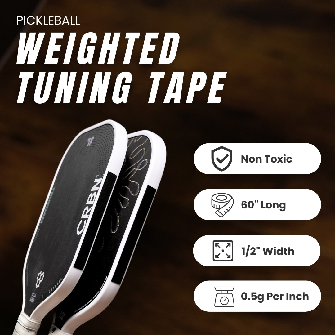 Two black and white paddles appear with text for Pickleball Effect Shop’s Paddle Tuning Tape, used for precise paddle balance. Four icons note its features: non-toxic, 60” length, ½” width, and 0.5g per inch. The background is dark and blurred.