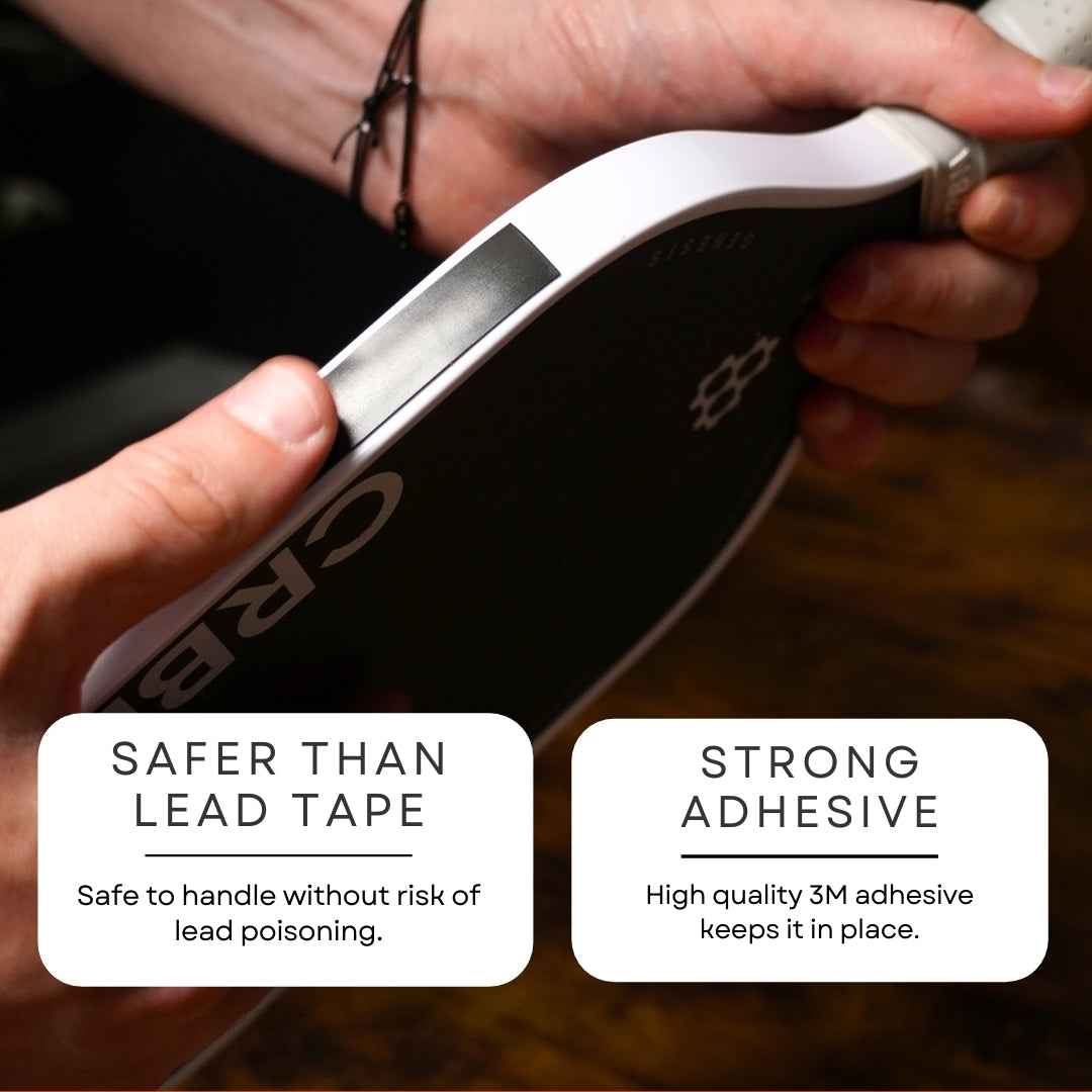 A close-up shows someone applying Pickleball Effect Shop's Paddle Tuning Tape to a black paddle, with text: "Safer than lead—no risk of lead poisoning," and "Strong 3M adhesive holds it firmly.
