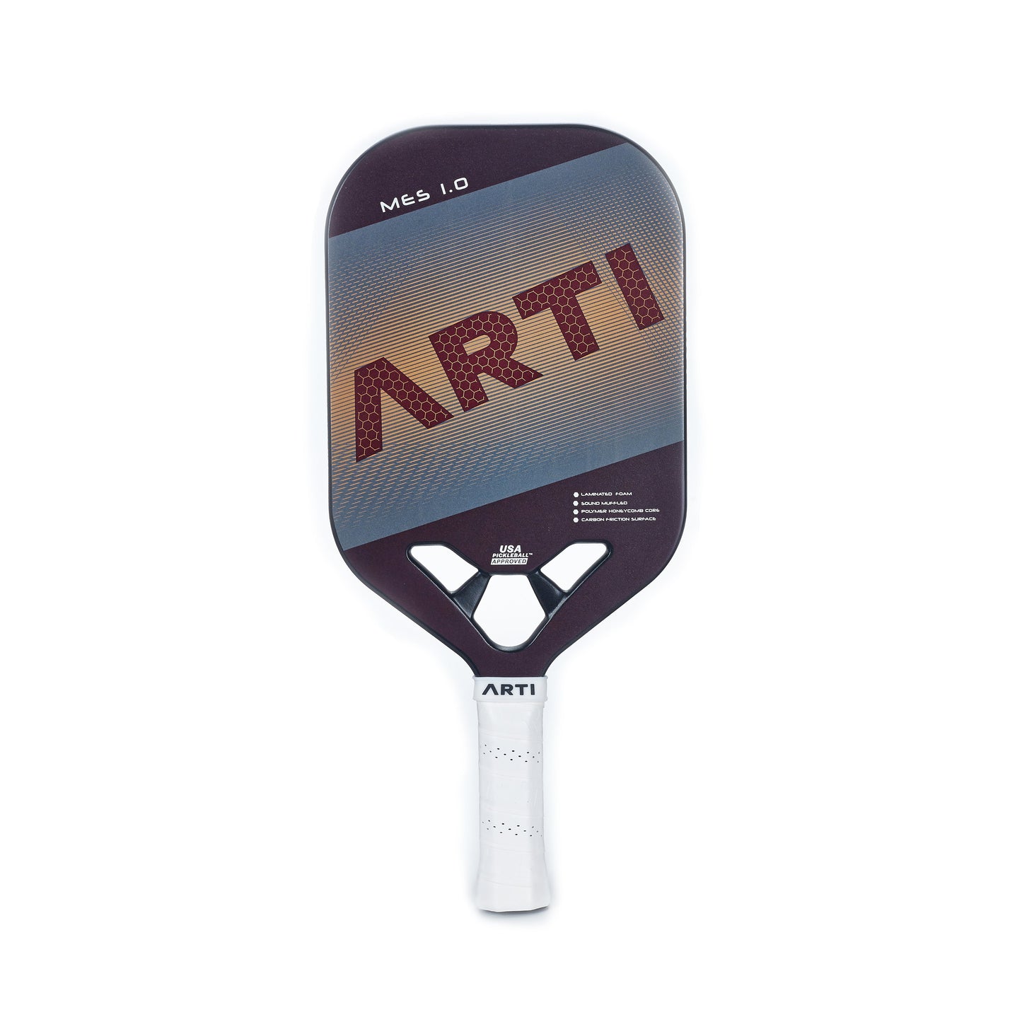 The ARTI Carbon Fiber "MASTERY ELITE 1.0" paddle by ARTI features a USAPA-approved maroon, blue, and gray T700 carbon fiber face with bold diagonal ARTI lettering, MES 1.0 details, and a white handle displaying the ARTI logo.