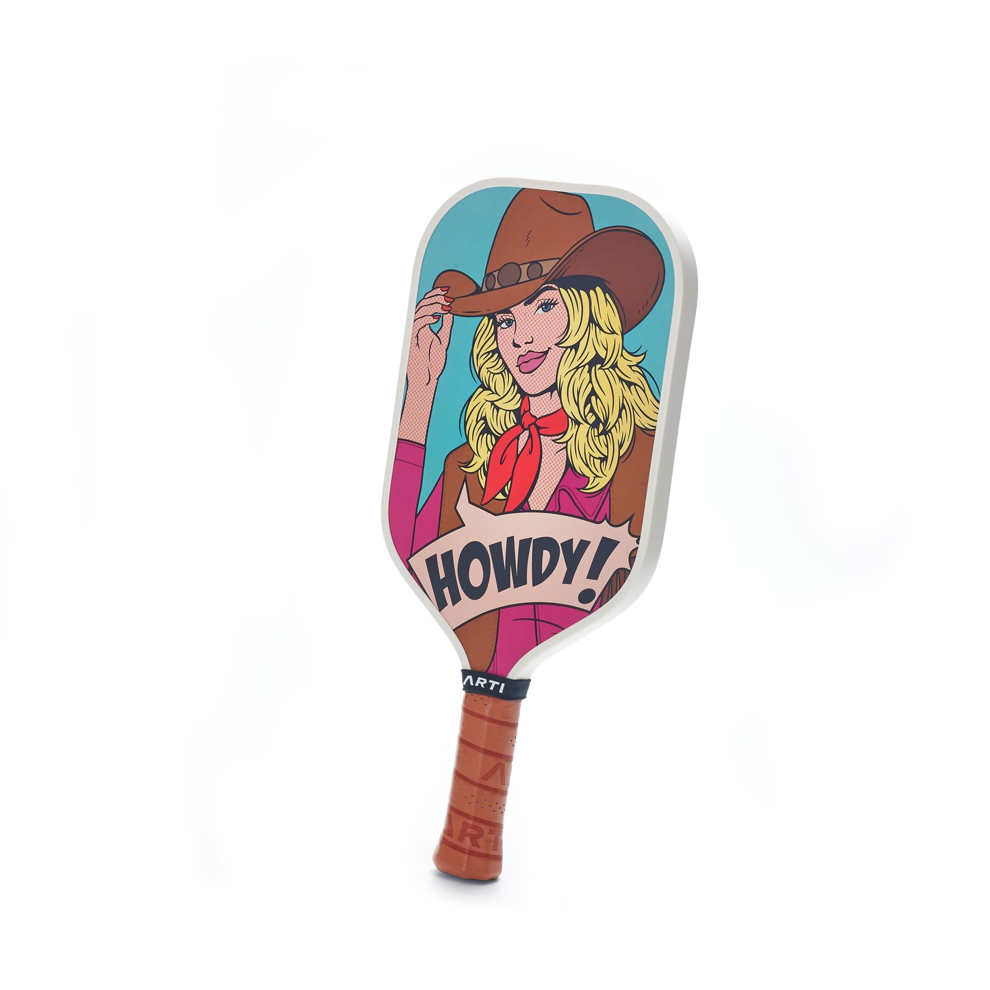 The ARTI Carbon Fiber Kristen & Kristy "HOWDY" Paddle by ARTI is USAPA approved, featuring a colorful cartoon of a blonde woman in a cowboy hat above a “HOWDY!” banner on teal and a comfortable brown grip tape handle.