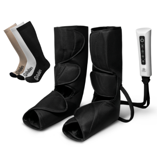 The image features the iReliev Compression Therapy Bundle: a Leg & Foot Air Compression System with black compression wraps, a white remote, and three pairs of DocSocks compression socks in beige, gray, and black—all on a plain white background.