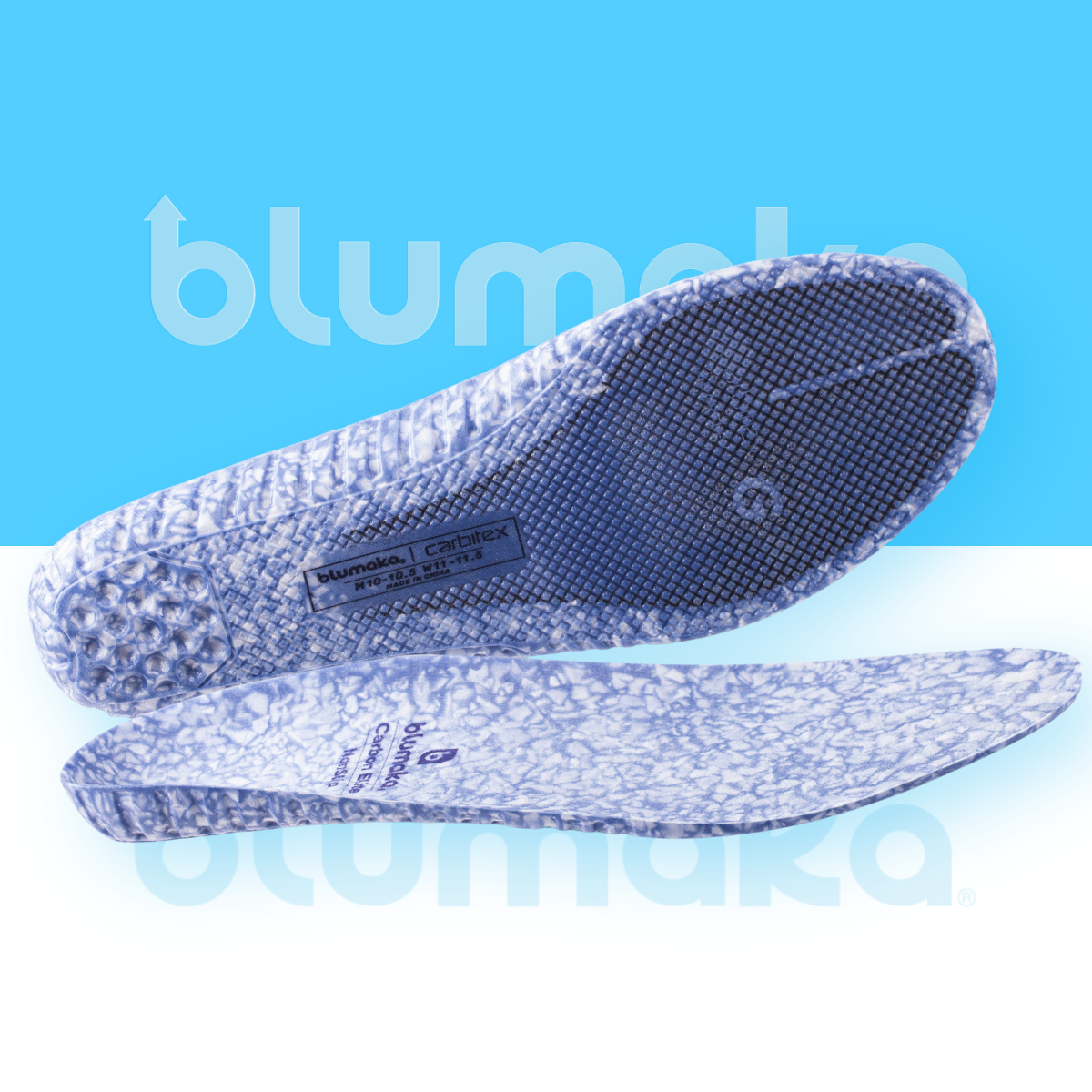 Two light blue marbled Blumaka NonSlip Carbon Elite Insoles are shown, one top and one bottom side visible. Designed for athletic performance, they add comfort and support, displayed on a blue and white background.