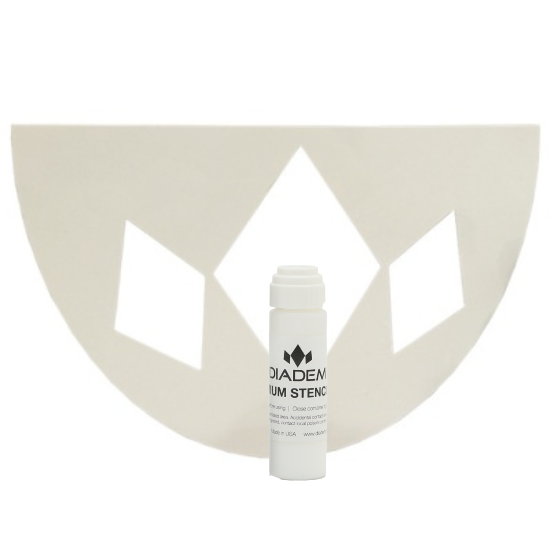 A white Diadem Stencil with three diamond cutouts sits behind a white DIADEM Stencil Ink bottle, both by Diadem Sports. The Diadem Stencil and Ink Bundle is displayed on a plain white background.