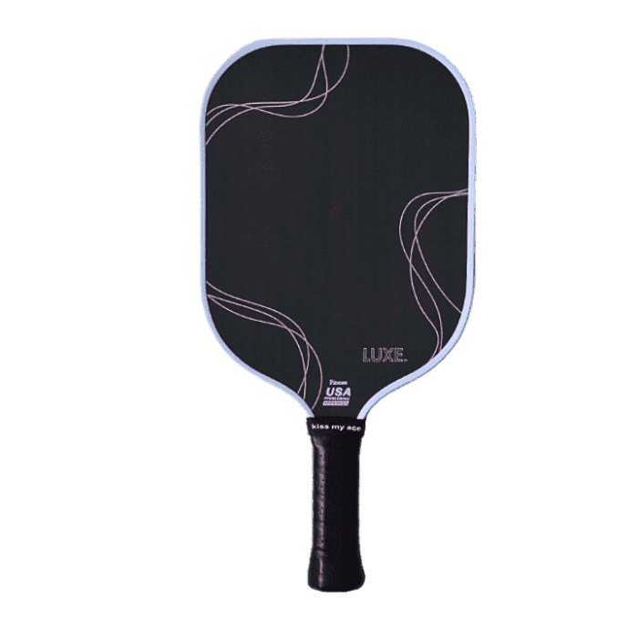 The LUXE Pickleball Finesse paddle features a black carbon fiber face with sleek abstract white lines, a white edge, Team USA Approved and LUXE branding, and a black grip-wrapped handle for control. Background is plain white.