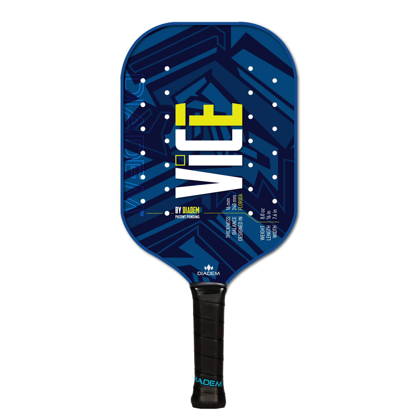 The Diadem Sports Vice pickleball paddle features a blue geometric design with white dots and bold “VICE” letters, an EVA foam core, weighs 7.7–8.1 oz, measures 16.4" x 7.5", and has a 4 1/8" grip for comfort.