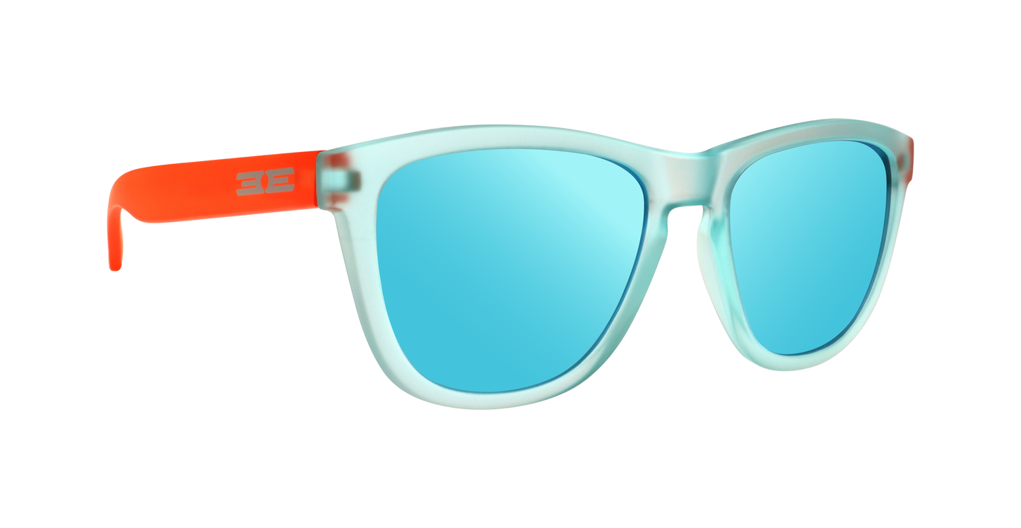 Epoch Eyewear VIBE sunglasses feature blue lenses, a frosted light blue frame, and bright orange arms with a white stylized logo on the left arm. These luxury shades make a bold statement on any plain white background.