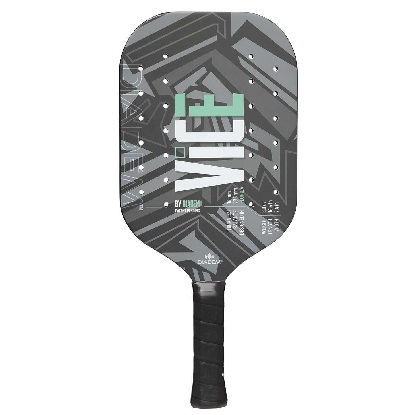 The Diadem Sports Vice paddle has a black handle and a geometric black-and-gray face. Its green and white "VICE" logo stands out, while an EVA foam core provides unique feel and performance for pickleball players.